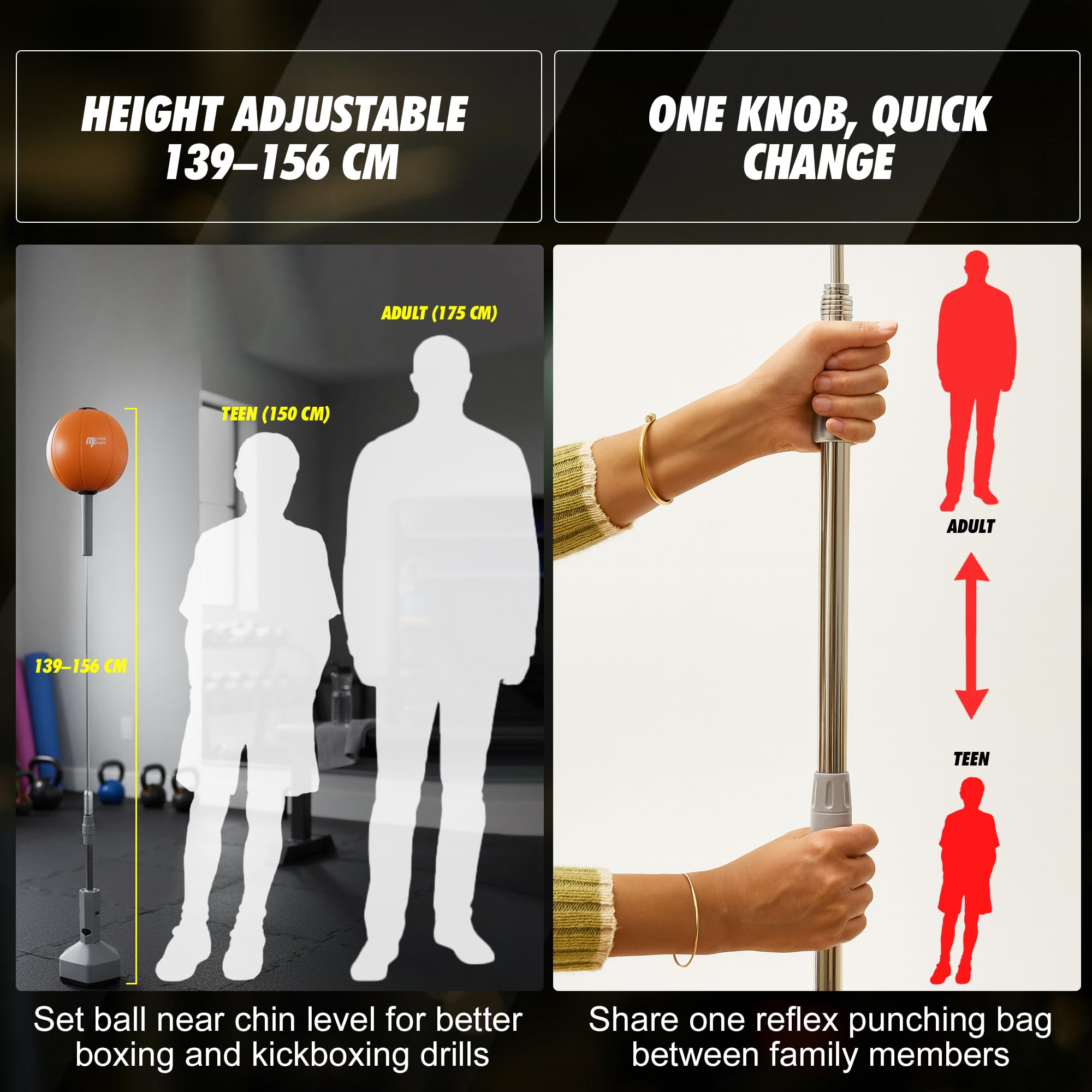 Punching Reflex Ball con Ventosa, Altura Ajustable 139–154 cm, Saco de Boxeo de Pie para Entrenamiento de Velocidad, Reflejos y Coordinación en Casa, Punching Ball Boxeo
