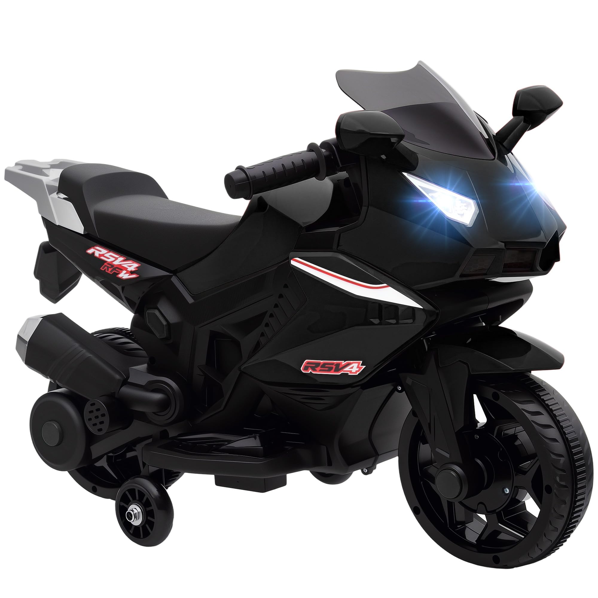 AIYAPLAY Moto électrique Enfants, Moto à Batterie 6 V avec Effets Lumineux et sonores, Roues d'entraînement, Vitesse 2,5 km/h, pour 18 à 36 Mois, Charge Max. 25 kg, Noir