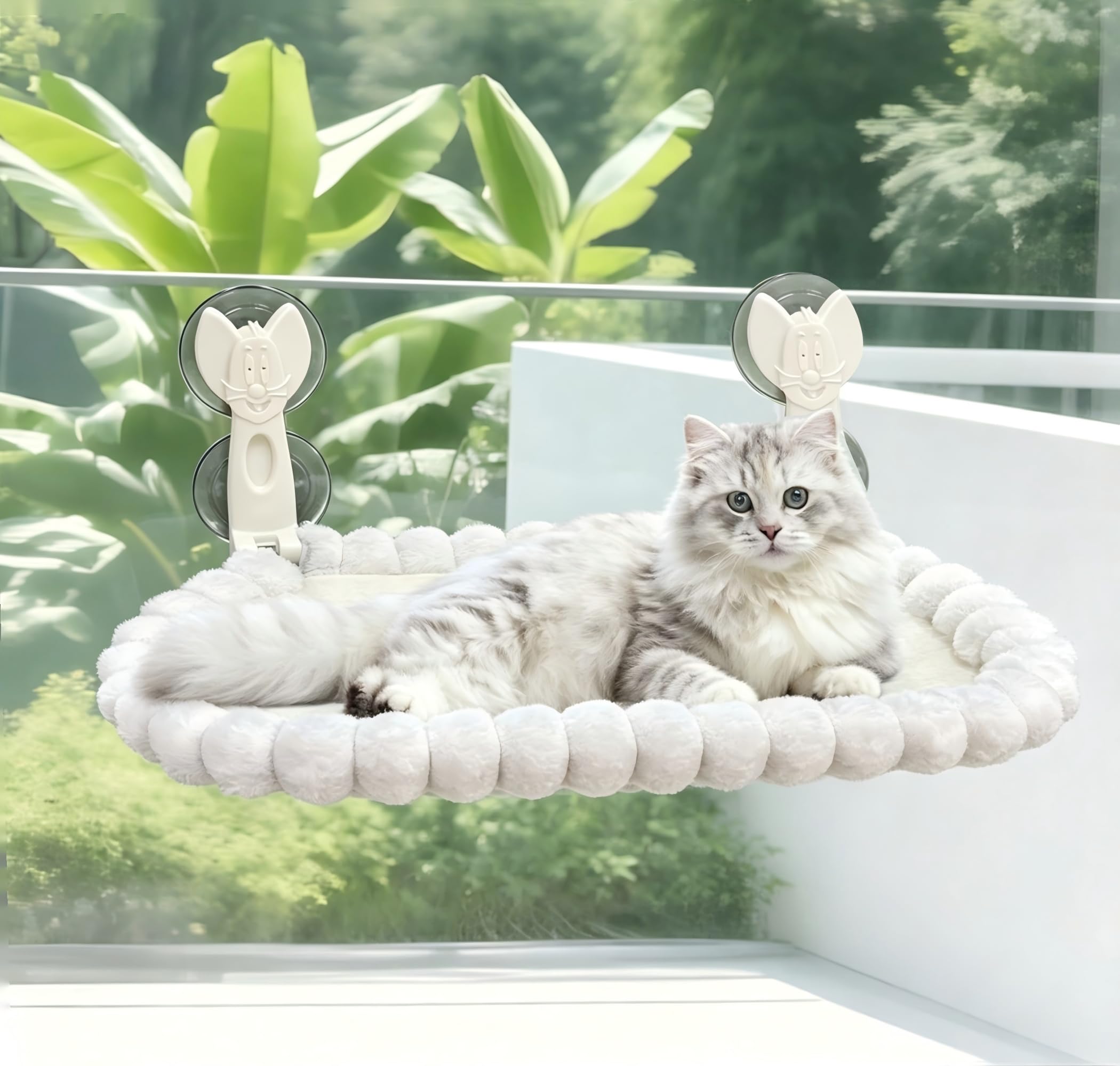 Hamac Chat Fenetre Pliable et Démontable, Luxe Lapin Doudou, Supporte jusqu'à 20kg, 53x37cm, Coussins Réversible pour Bain de Soleil et Repos, Cadre Métallique, Blanc