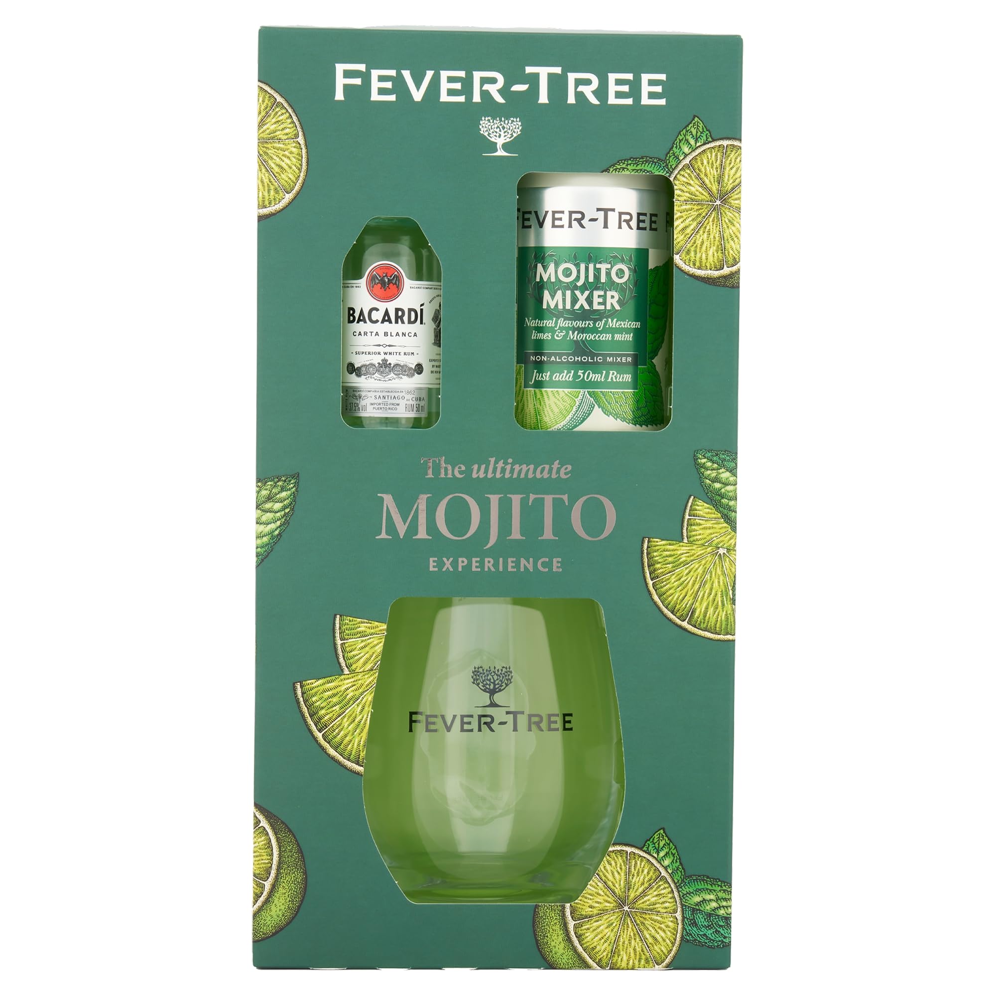 Fever‑Tree Mojito Gift Set – Bacardi Carta Blanca White Rum 5cl 37.5% ABV with Fever‑Tree Mojito Mixer & Dartington Glass – Premium Cocktail Gift by Blue Tree Gifts