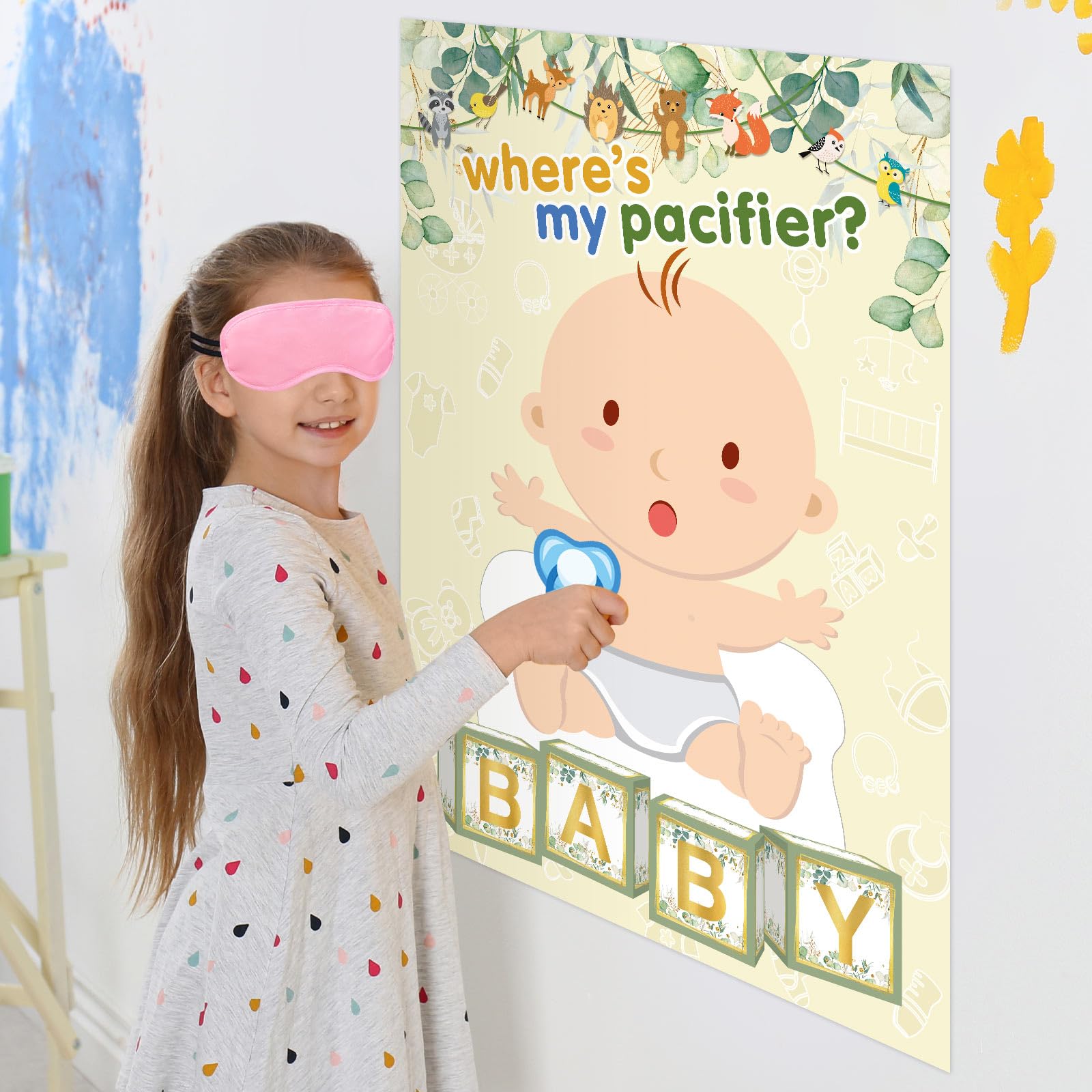 Pin The Pacifier Baby Shower Game Set - Butterfly Theme With Poster, Stickers & Blindfold (Purple) - View #2