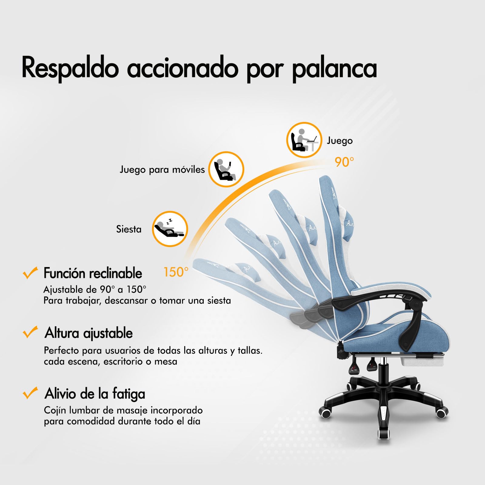 ALFORDSON Silla Gaming Ergonómica con Masaje, Silla Gamer de Oficina con Lumbar Massaggiante, Reposapiés Retráctil,Altura Ajustable,Reclinable 150°,Asiento Cómodo,Soporta 180 kg, Lino(Azul y Blanca)