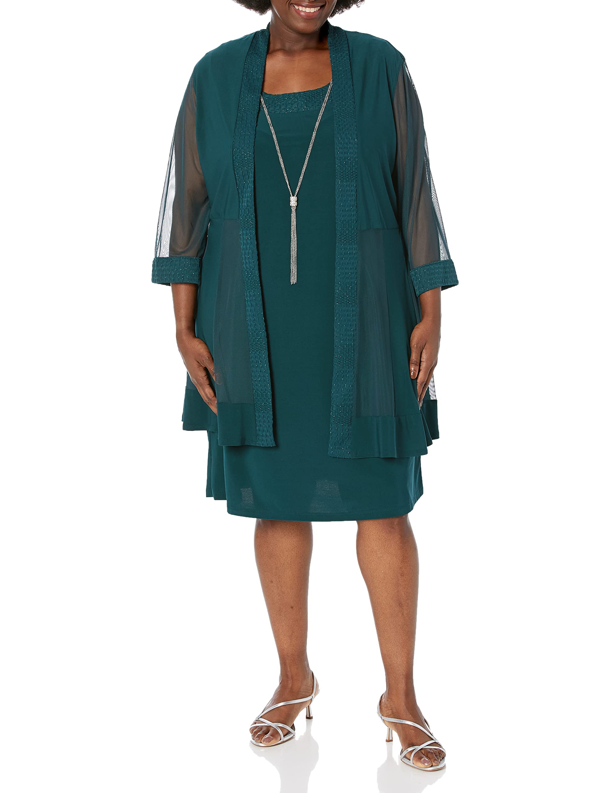 R&amp;M Richards Women's Elegant 2-Piece Shift Dress with Pleated Shimmer Duster Jacket for Mother of the Bride, Cocktail Attire