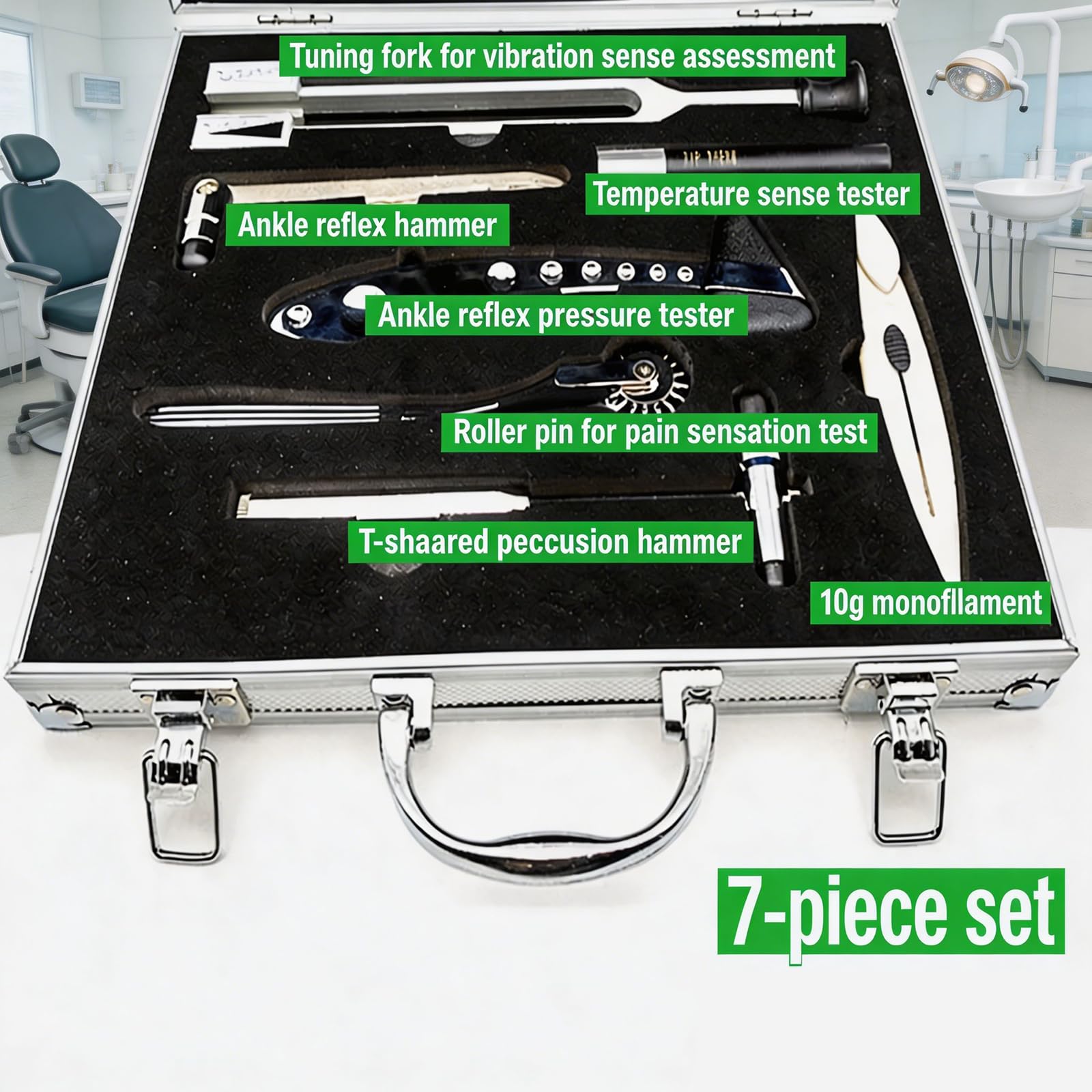 MObyat 7-teiliges Neurologisches Untersuchungsset, Hammer-Diagnostik-Set Mit Reflexhammer, 128-Hz-Stimmgabel, 10-g-Monofilament, Nadelstich-Temperaturtest Zur Prüfung Der Schmerzempfindung
