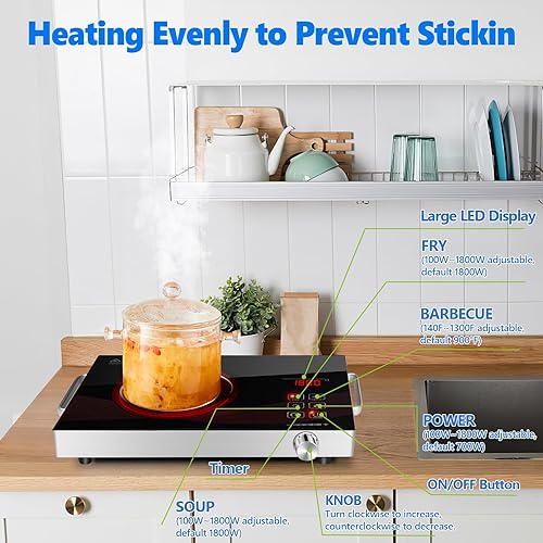 Miniatura 6 de Placa eléctrica de un solo quemador de 1800 W, cocina infrarroja para cocinar estufa portátil, temperatura de placa calefactora compacta ajustable,