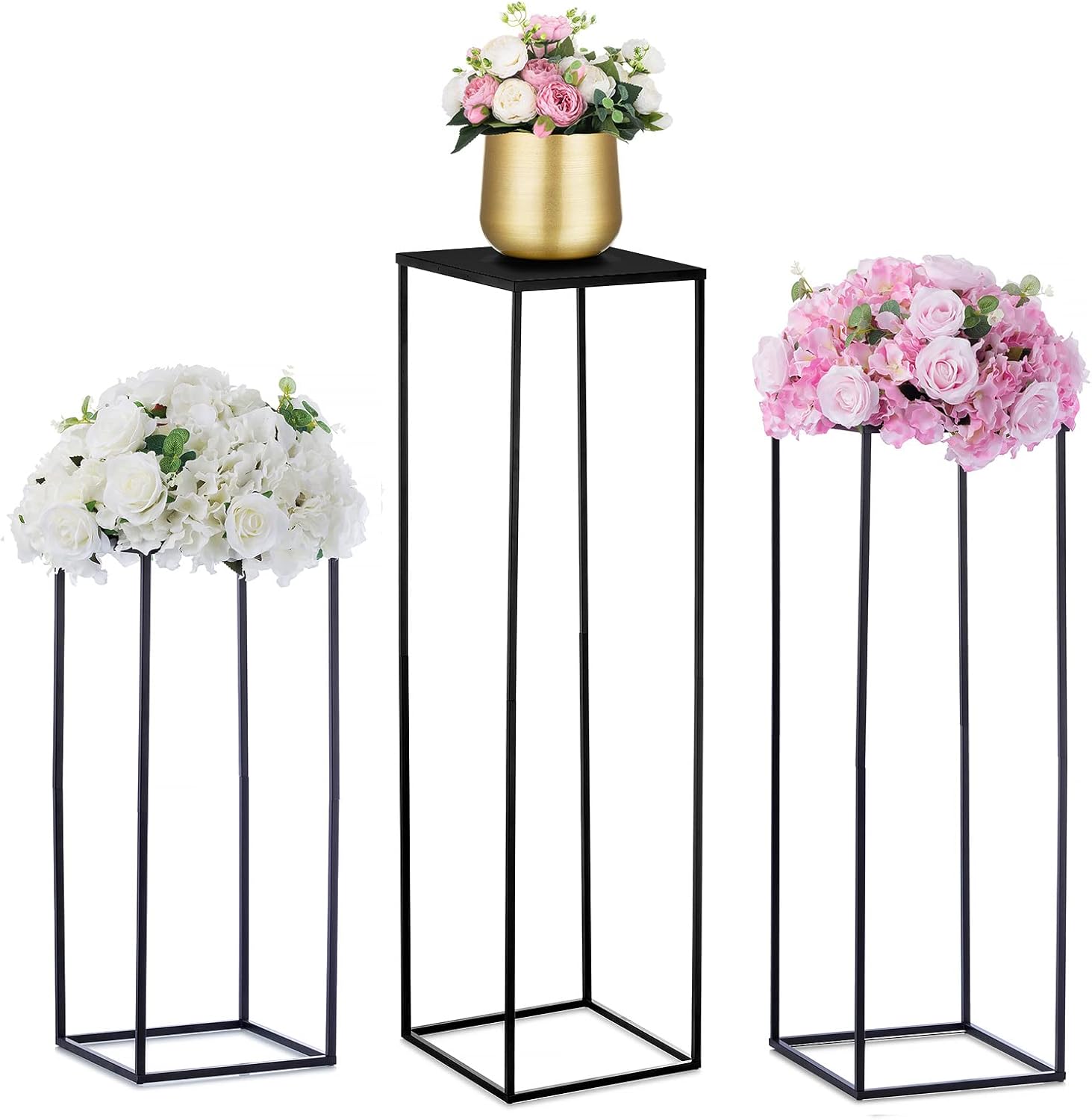 Nuptio Black Vase for Wedding Centrepieces: 3 Pcs Tall Plant Stand Flower Vases Large Metal Display Table Column Rack Geometric Centre Pieces for Home Birthday Party Decorations(23.6/31.5/39.4in) 60cm+80cm+100cm Black