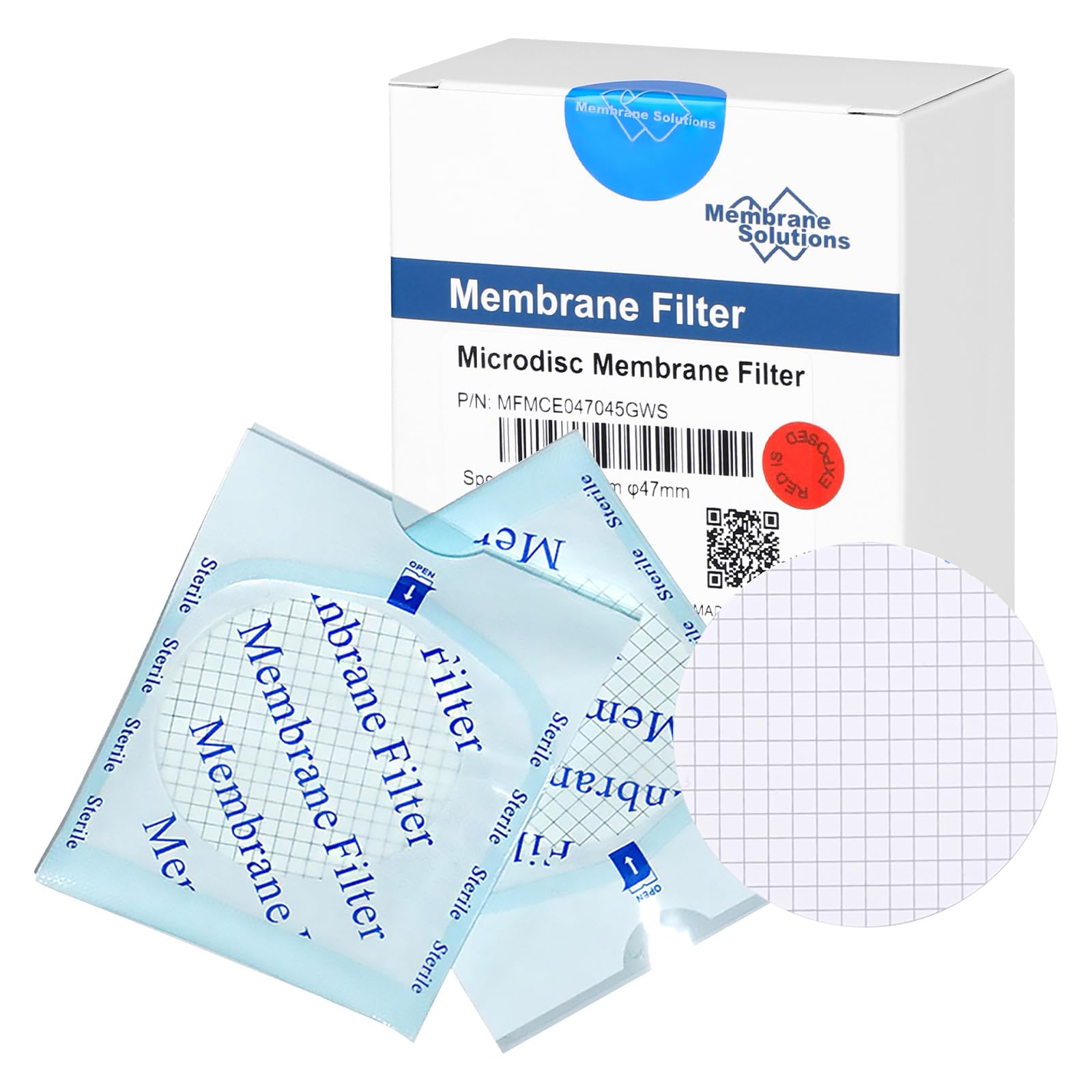 MCE Gridded Membrane Filter, Mixed Cellulose Esters Membrane Filter, Sterile Individual Pack Membrane Disc Filter, Diameter: 47 mm, Pore Size: 0.45 um, 100/Pk