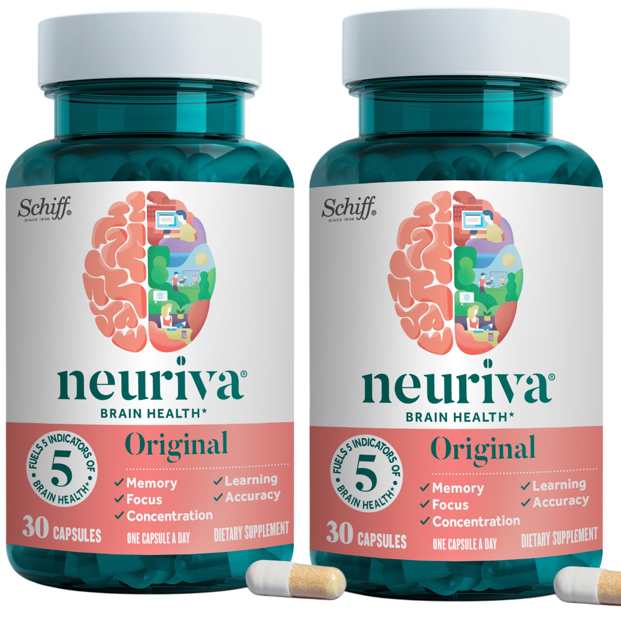 Original Brain Supplement for Memory, Focus & Concentration + Learning & Accuracy with Clinically Tested Nootropics Phosphatidylserine and Neurofactor, Caffeine Free, 30 Capsules (2 Pack)