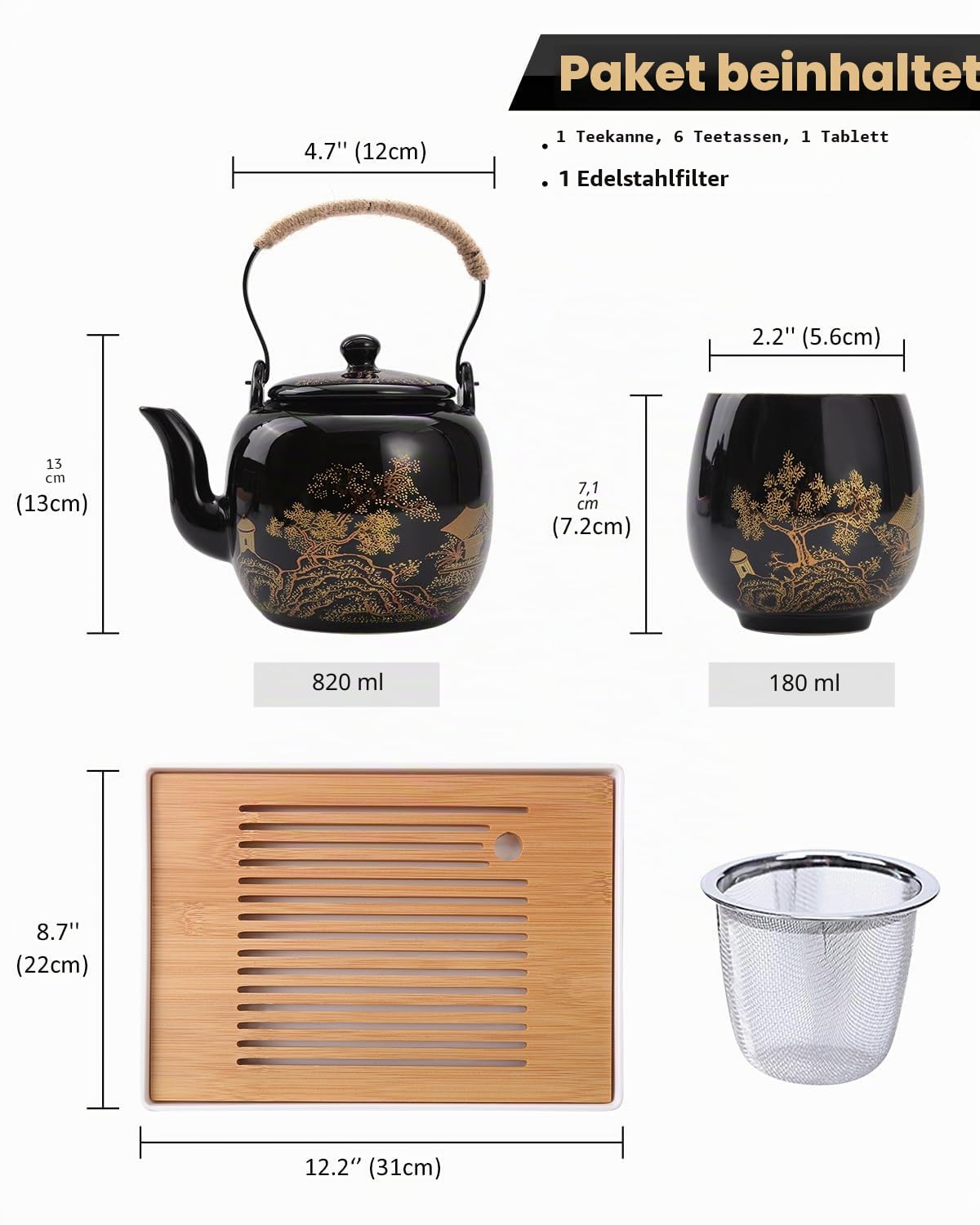 DUJUST Japanisches Teeservice, Schwarzes Porzellan Chinesisches Teeset mit Kanne und Tassen, Schönes Asiatische Teekanne Set für Teeliebhaber (Landschaft in Gold)