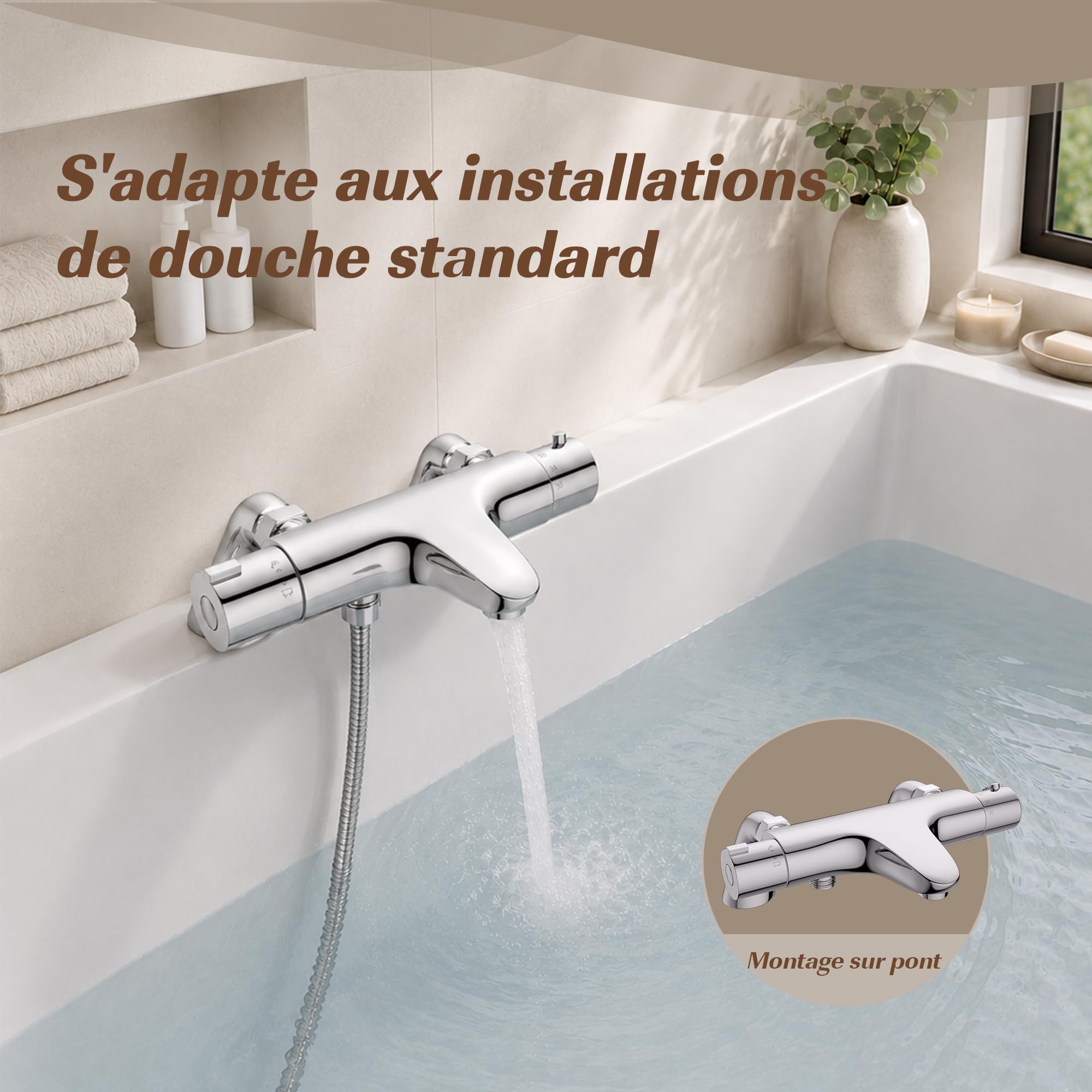 MORADO Mitigeur Baignoire Thermostatique,Robinet de baignoire avec arrêt de sécurité à 38°C,Chromé