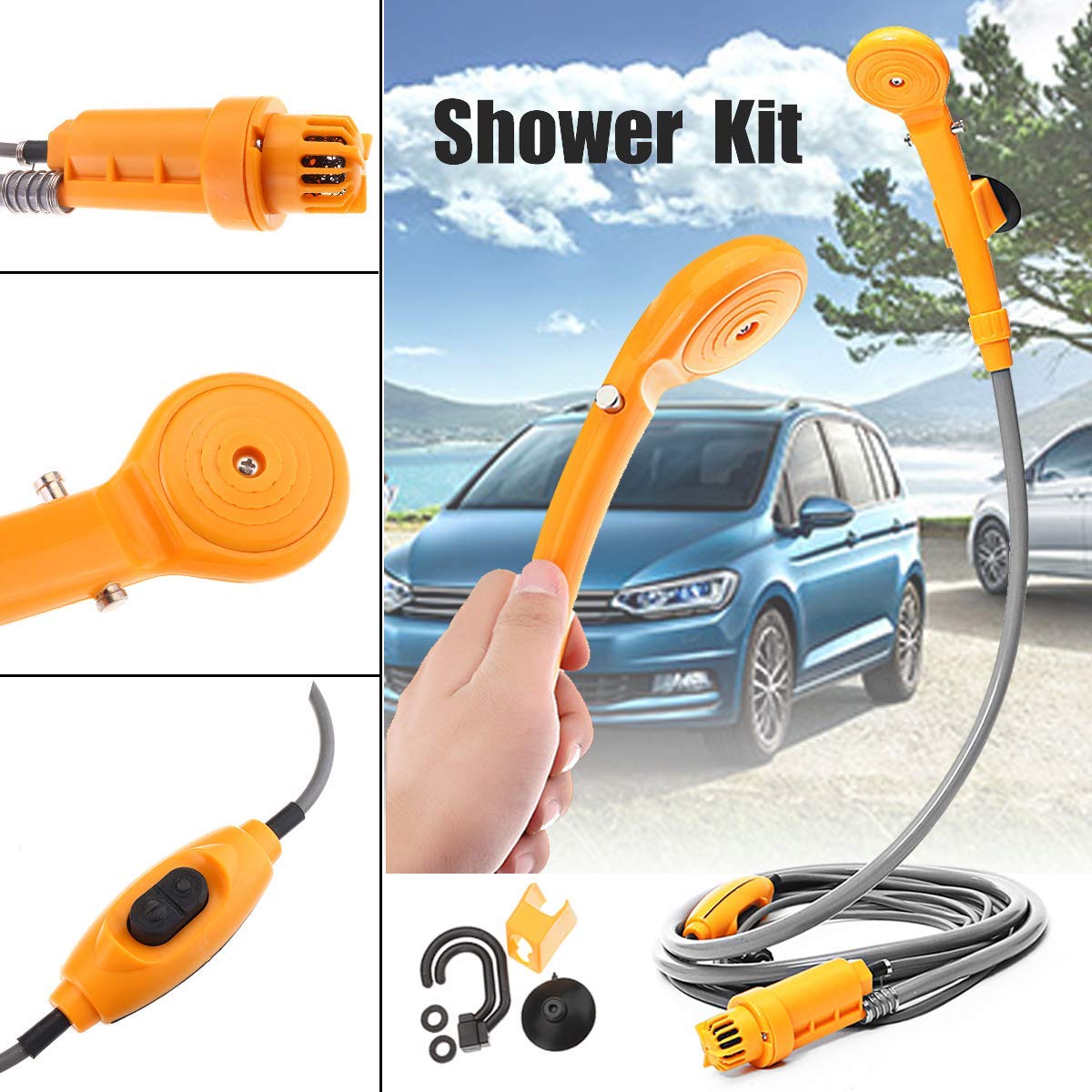 Riloer kit de ducha portátil para exteriores, duchas portátiles de camping de 12 V con bomba de agua, cable de 5 metros con toma de mechero, máximo 7 litros de agua por minuto compacto