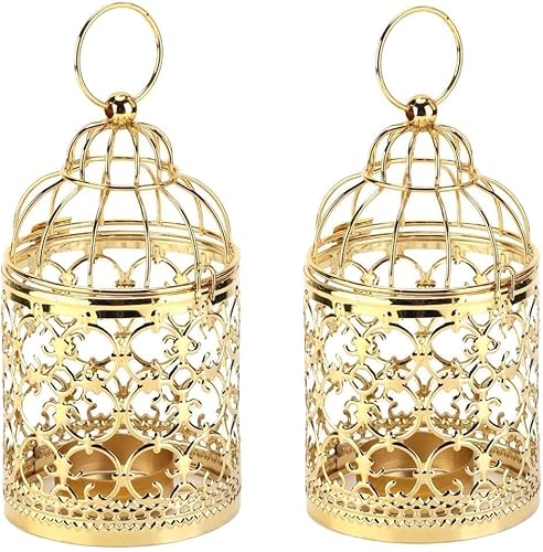 2 portavelas decorativo para jaula de pájaros, portavelas vintage dorado, candelabros colgantes, linternas pequeñas, soporte decorativo para velas