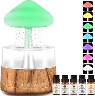 Rain Cloud Humidifier Water Drip with 5 Essential Oils, Cloud Diffuser with Rain 7 Changing Colors Night Lights, Aromatherapy Diffuser Desk Fountain Bedside for Sleeping Relaxing Mood Water Drop Sound