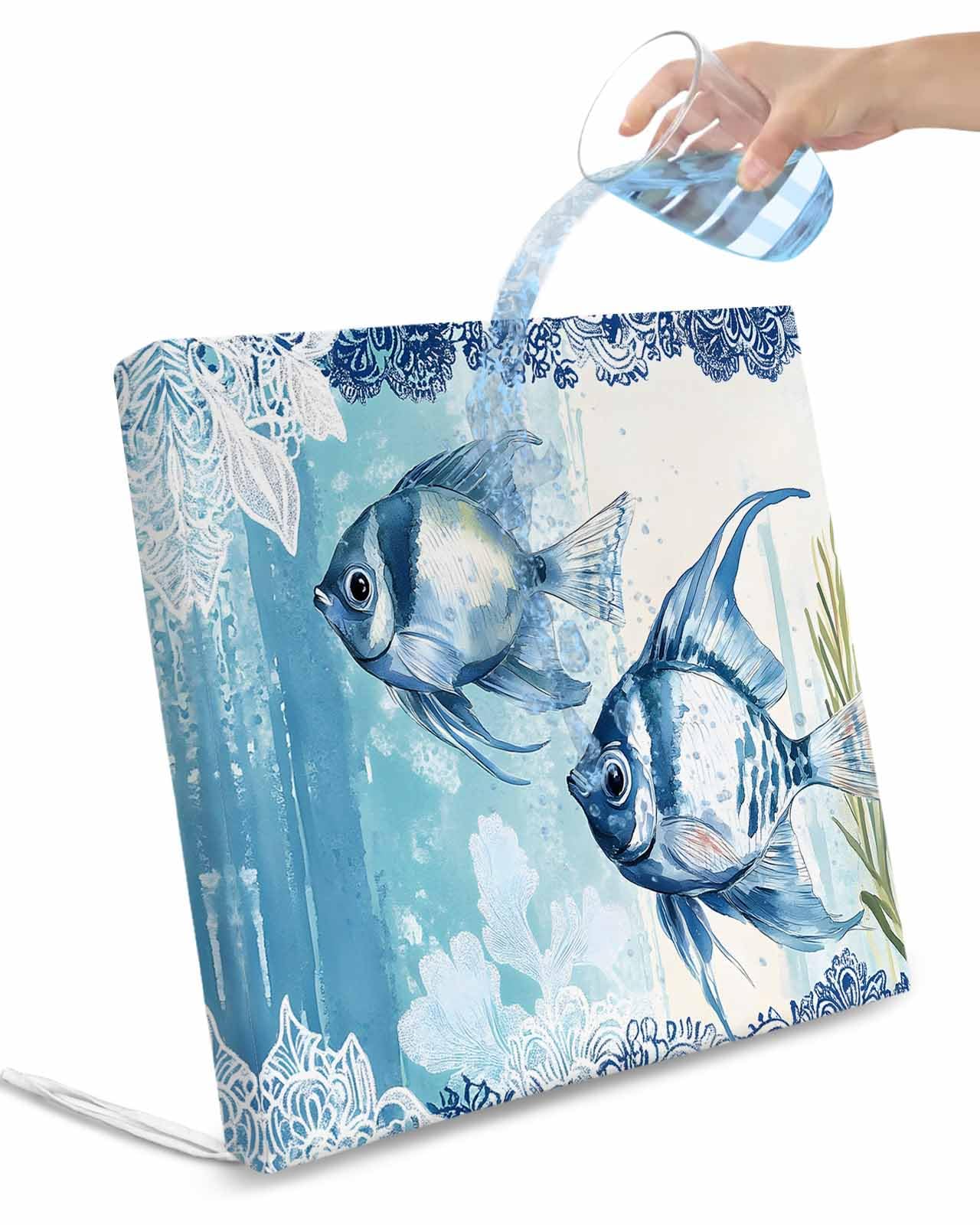 2 Pack Summer Ocean Blue Waterproof Cushion Covers with Ties, Outdoor Patio Chaise Lounge Chair Seat Cushion Slip Covers Replacement(Only Cover) Watercolor Fish Flower 22