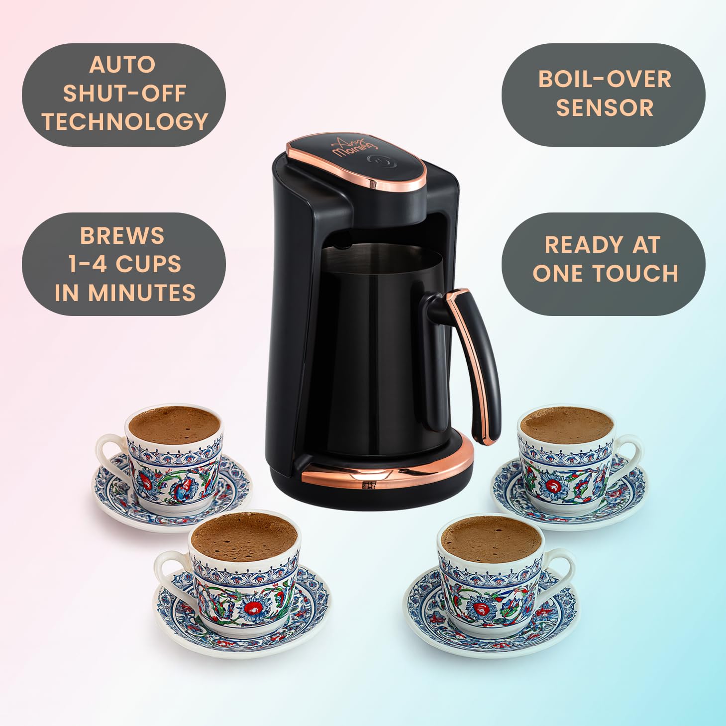 Any Morning LI23201S Türkische Kaffeemaschine 250 ml, 4 Tassen, Auto-Aus | Edelstahlkanne mit Doppelausguss, Brauerkennungssensor, Touch-Start, 400 W, kompakt, Trockenkoch- und Überhitzungsschutz