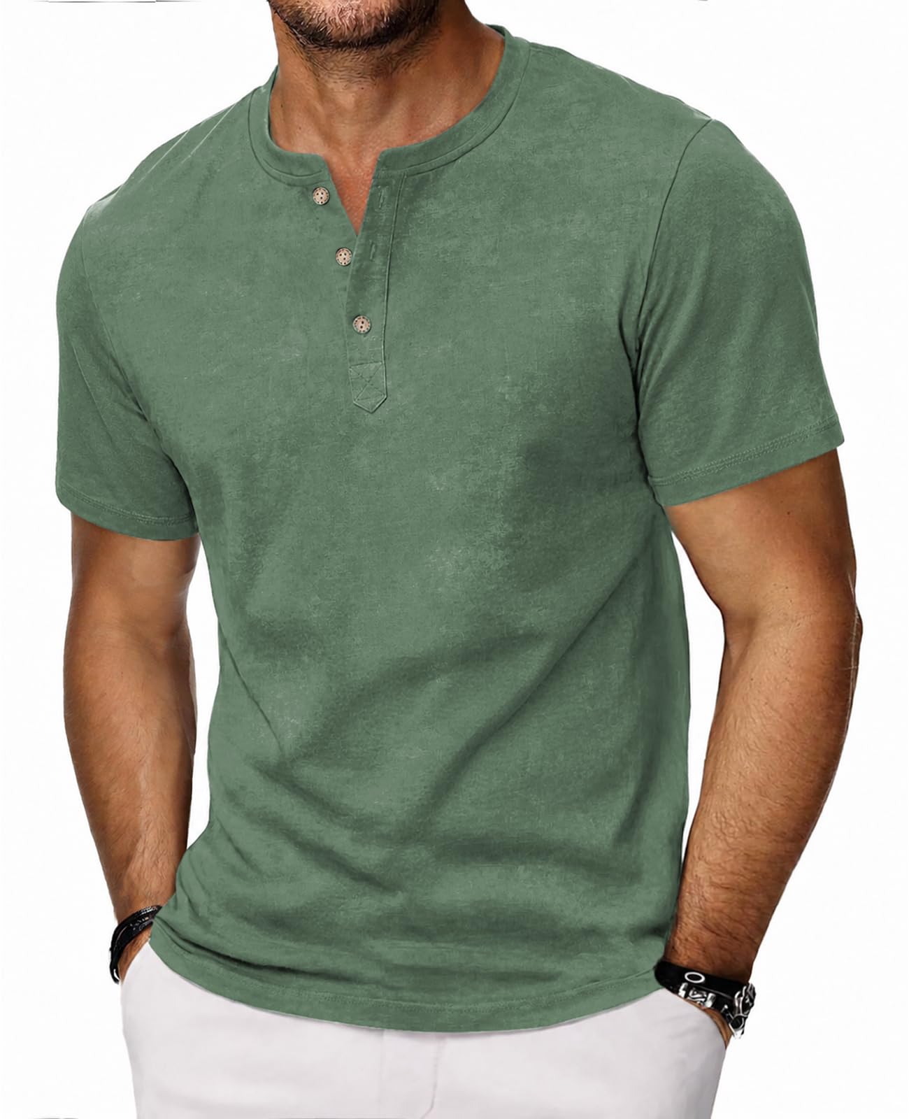 HMIYA Hemd Herren 100% Baumwolle Vintage Henley Shirt Kurzarm T-Shirts für Herren Sommerhemd Beiläufig Männer
