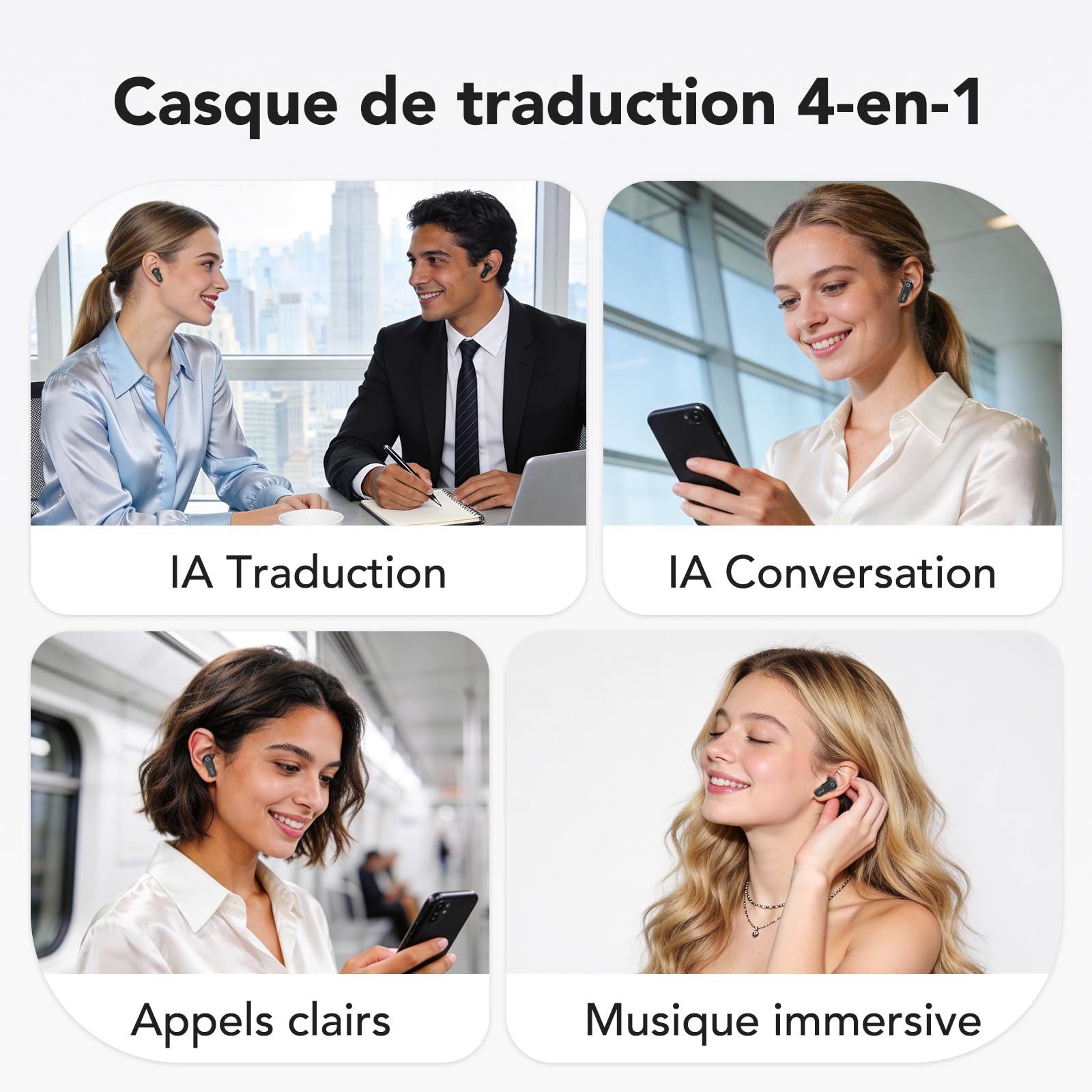 N02 Écouteurs Traducteurs Instantanés avec Assistant IA, 4 en 1, Bluetooth 6.0, Oreillettes de Traduction, 165 Langues, 48H d’Autonomie, Son HiFi, 9 Modes de Traduction pour Affaires/Voyages/Études