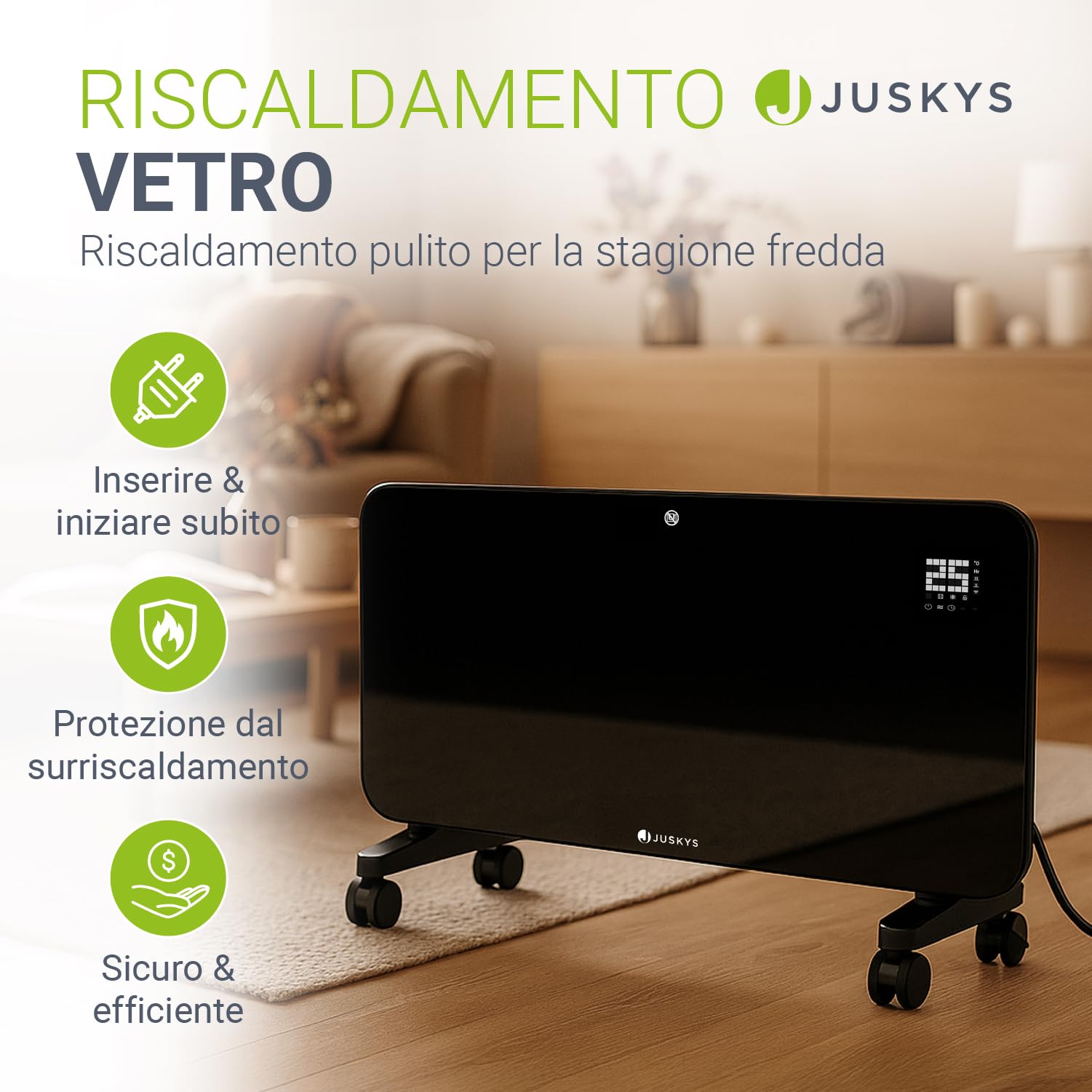 Juskys stufa in vetro 2000W – Nero, riscaldamento a infrarossi da parete o pavimento, controllo app, display LED, timer e sicurezza