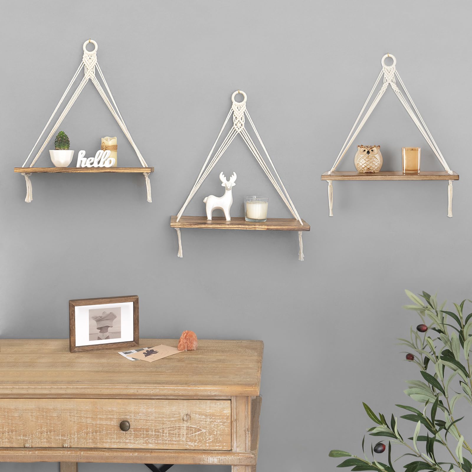 Mkono Lot de 3 étagères murales flottantes en macramé style bohème rustique pour chambre à coucher, salle de bain, salon, chambre d'enfant, dortoir, présentoir pour suspendre des plantes et des photos