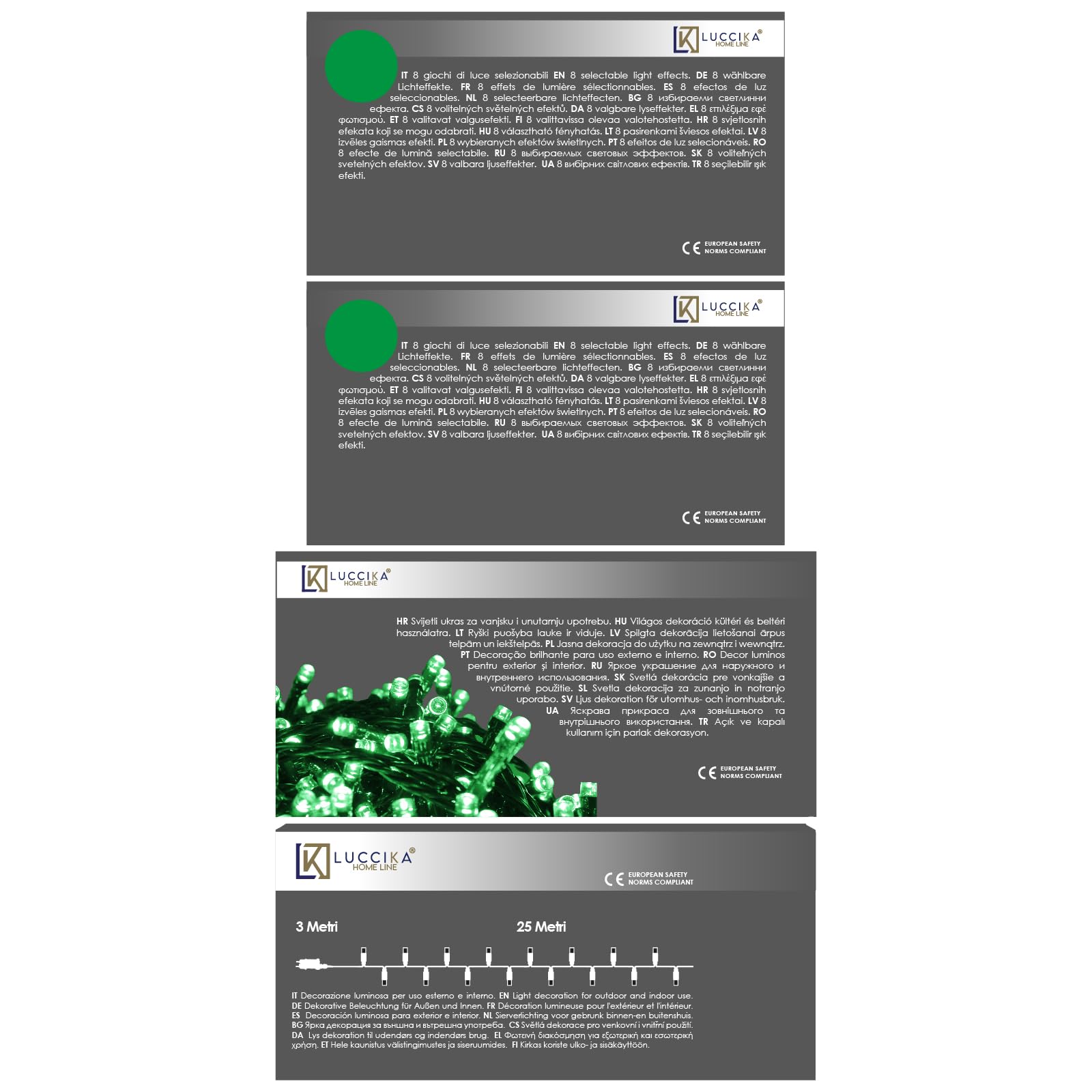Luci LED Natalizie da Esterno/Interno, 5mm, Cavo Verde, 8 Modalità, Controller 31V con Memoria, IP44 (Verde, 25M 500LED)