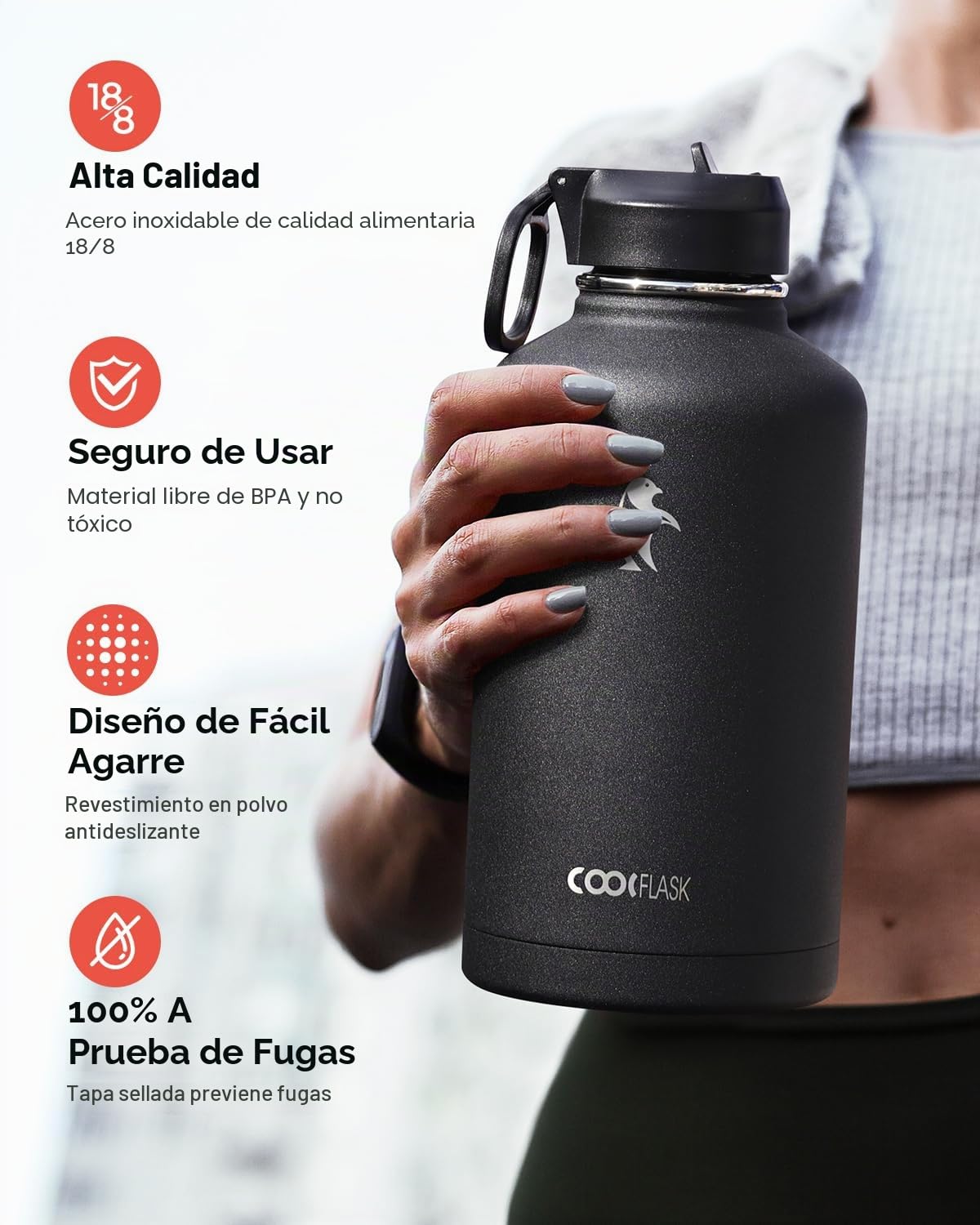 Botella de agua isotérmica de 2L, Coolflask Botella de agua con pajita y 3 tapas, Botella de agua fría y caliente de acero inoxidable con doble aislamiento al vacío y a prueba de fugas, Negra