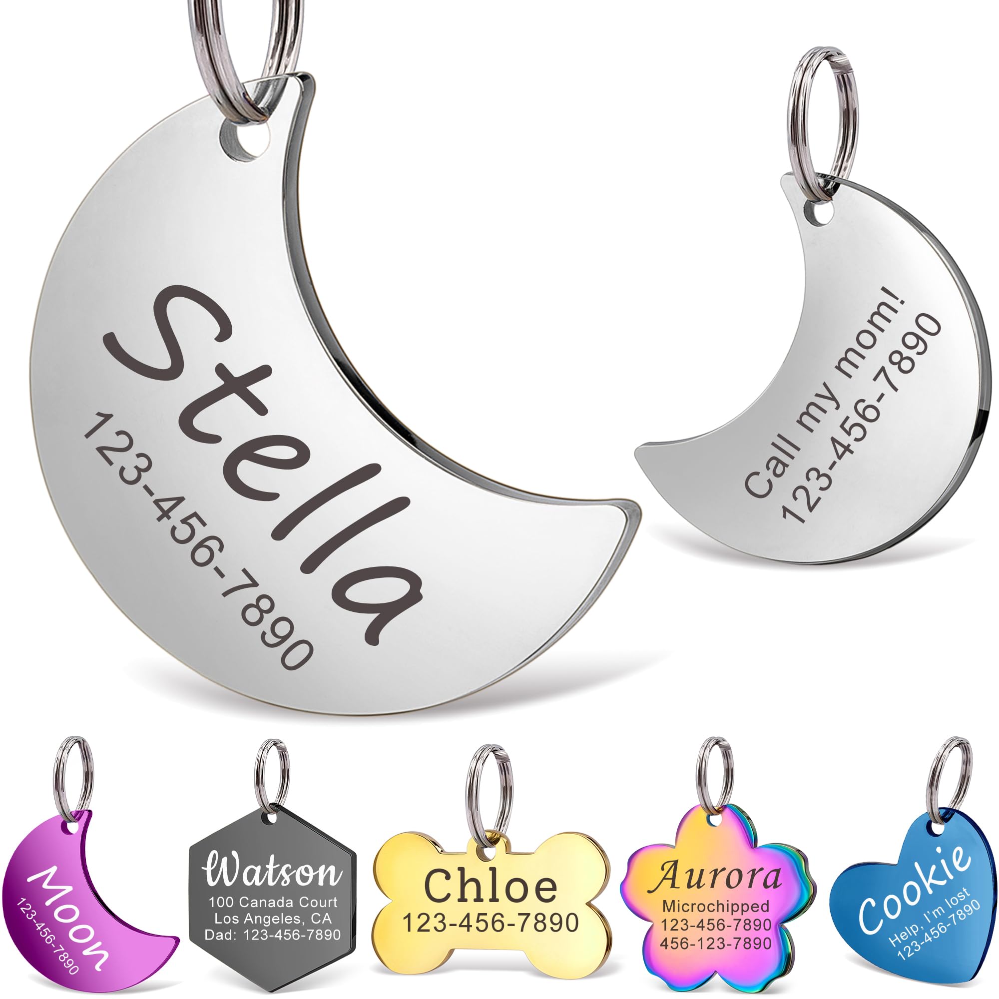 Anavia Personalized Pet ID Tags, Stainless Steel Glossy Laser Engraved Dog Cat Collar Name Tags, Multiple Colors Shapes Sizes (Moon, Regular)
