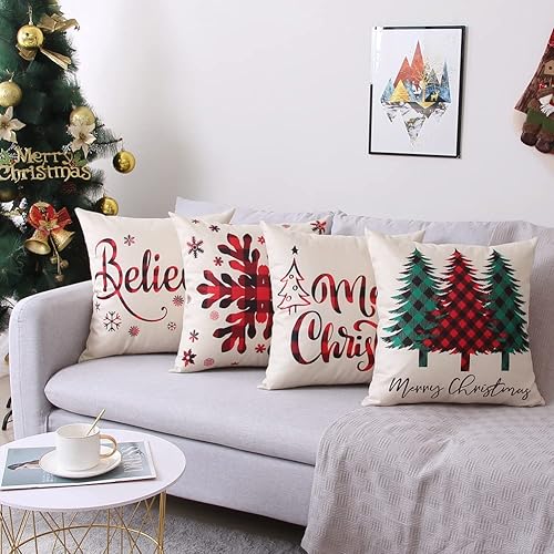 Miniatura 3 de Coeufuedy Juego de 4 fundas de almohada navideñas de 18 x 18 pulgadas, fundas de almohada de lino rústico para vacaciones, decoración navideña para