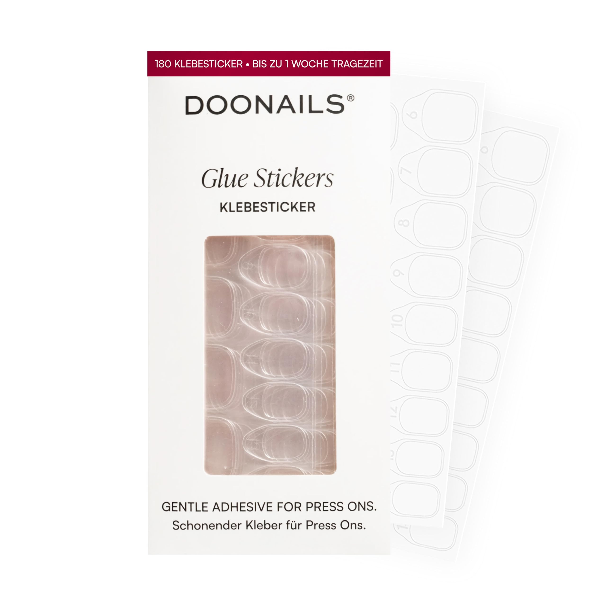 Doonails – Glue Sticker Nagel Klebepads – 180 Stück Klebesticker in 15 Größen – Doppelseitiger Nagelkleber für Kunstnägel, Press On Nails & Tips – Selbstklebende Nagel Aufkleber mit super Haftung
