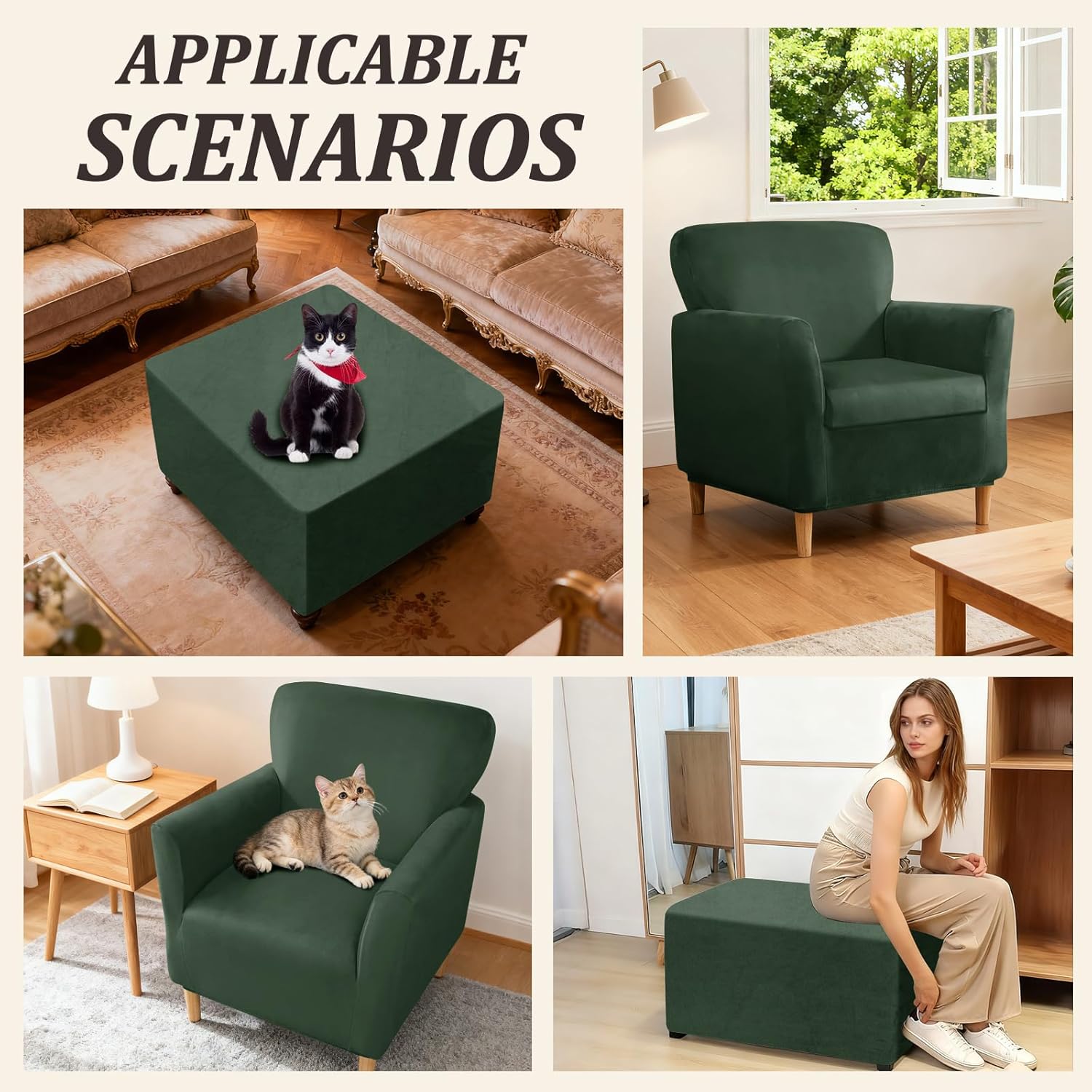 Stretch Banquet Armchair Slipcover, Velvet Soft Chair Cover with Anti-Slip Straps, Chair/Seat/Ottoman Covers for Living Room (Avocado,Ottoman Square M)