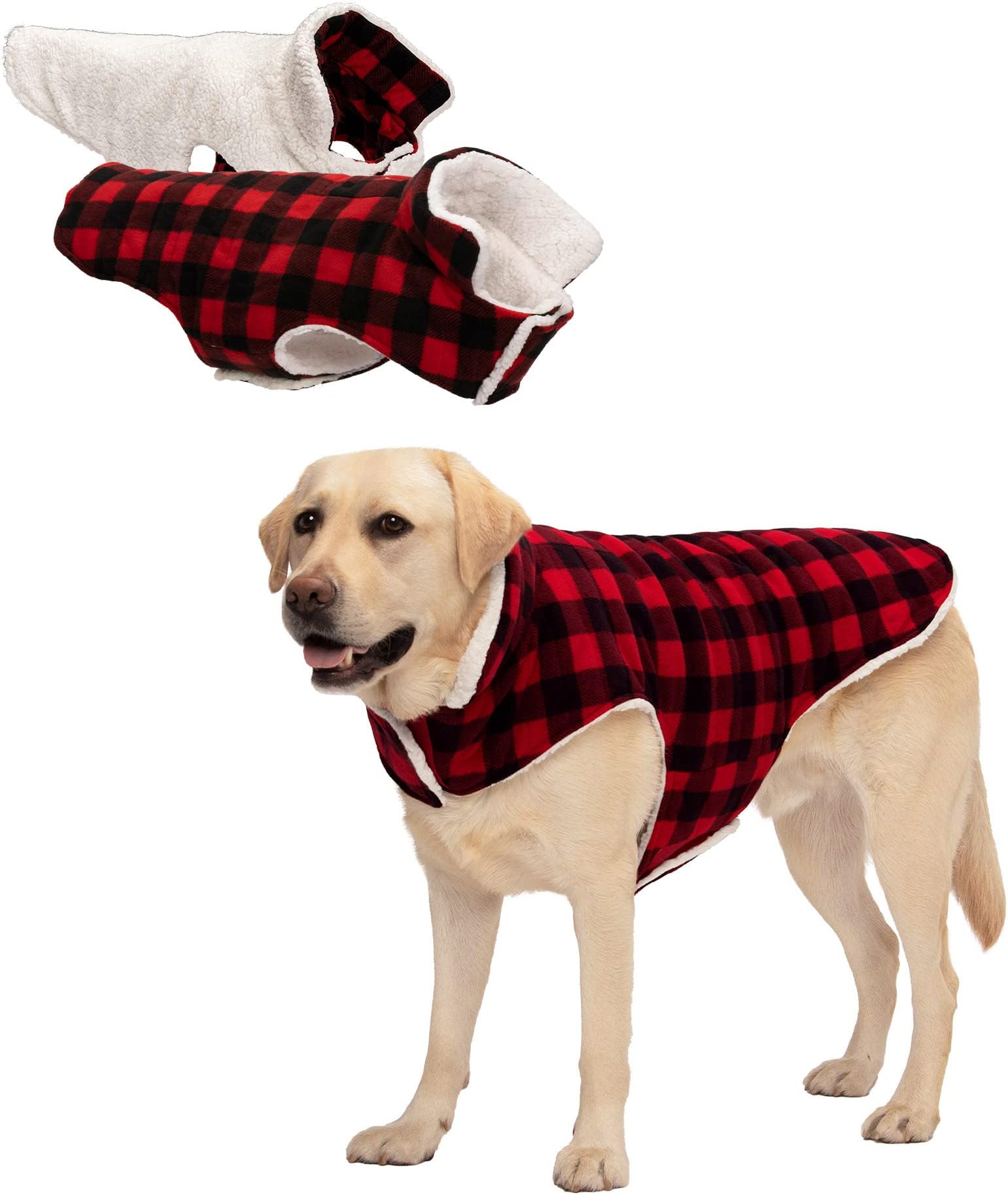 Furhaven XL Dog Coat Flex-Fit Reversible Sherpa & Plaid Fleece Jacket, Washable - Cream/Red, Extra Large