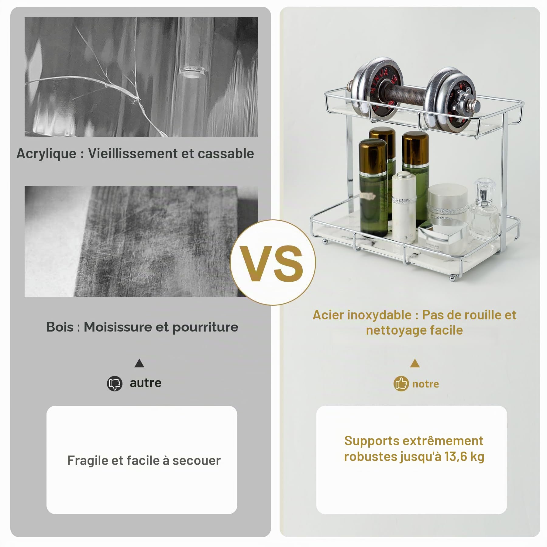 Organiseur de salle de bain pour parfum, maquillage, présentoir de rangement pour cosmétiques, plateaux en acier inoxydable doré et en céramique marbre blanc (2 niveaux, L, argent)