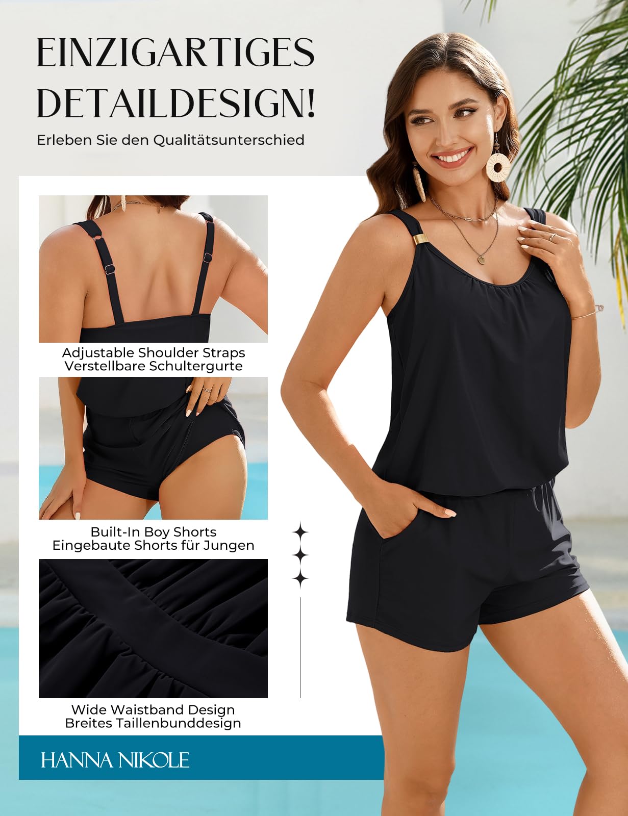 Hanna Nikole Romper Badeanzug Damen Sport,Push up Einteiliger Badeanzug mit Shorts,Boyleg-Shorts mit Taschen,2026 Bescheidene Modest Bademode mokini
