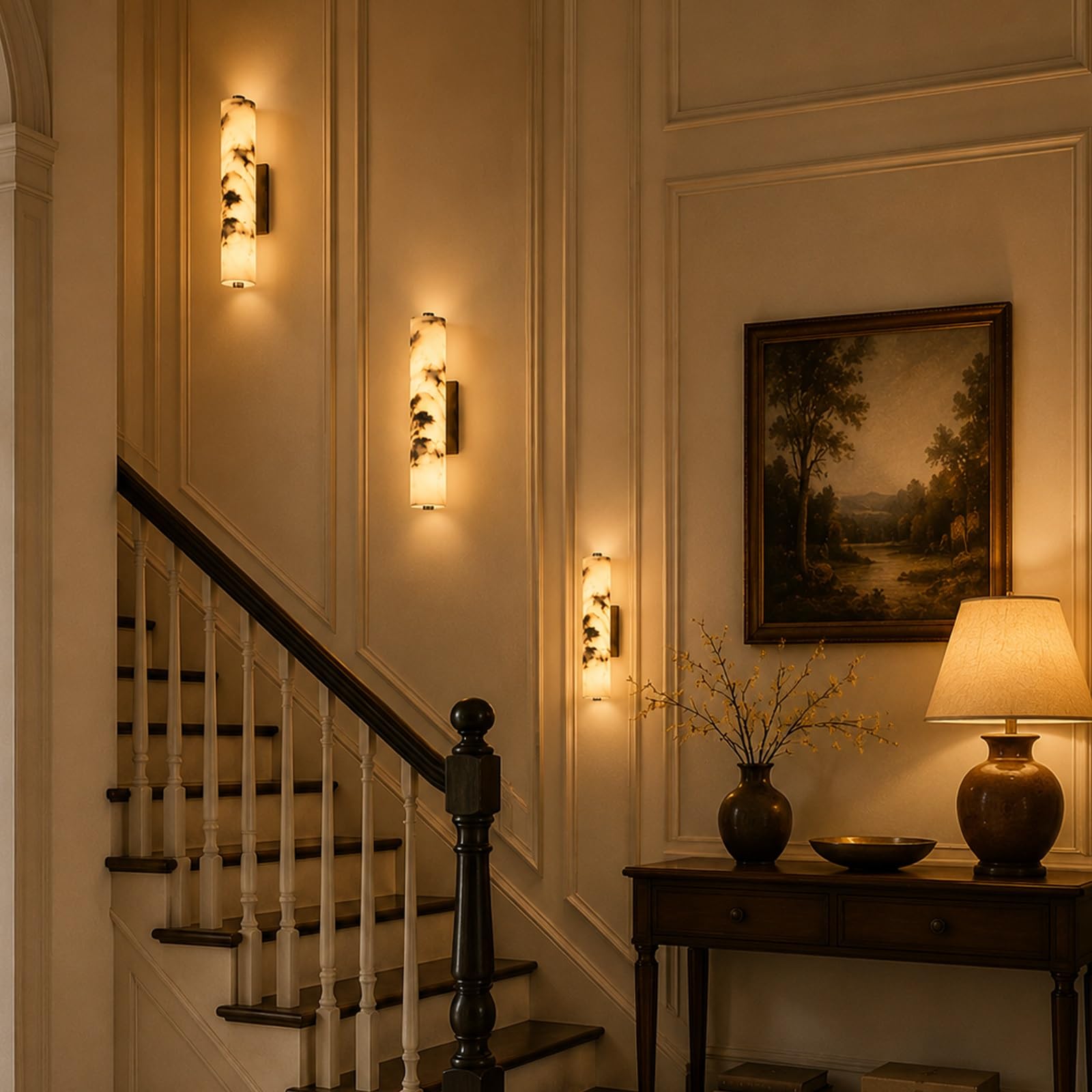 Lámpara de pared LED de piedra natural, lámpara de tocador de baño | Apliques de pared de alabastro de 11,02 pulgadas, lámpara cilíndrica de mármol, Base metálica