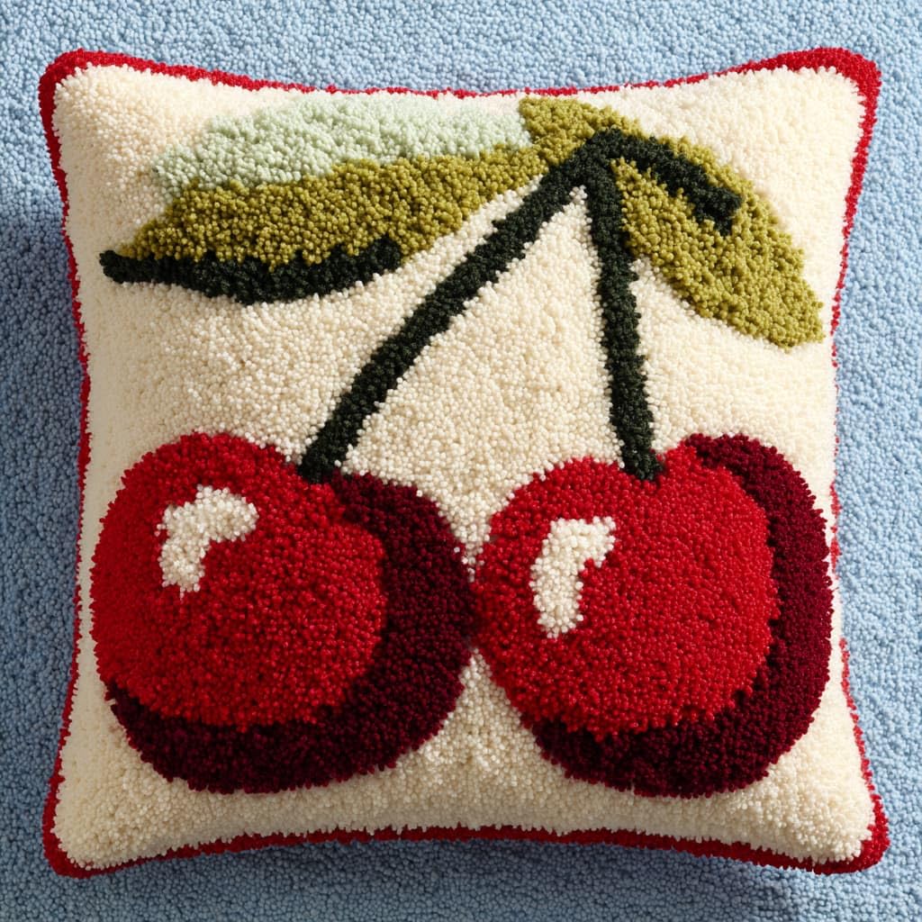 Taxpy DIY Latch Hook Pillow Cover Kits, Red Cherry Stamped Handamade Pillowcase Crochet Yarn Hook and Latch Emboridery Throw Pillow 43x43cm
