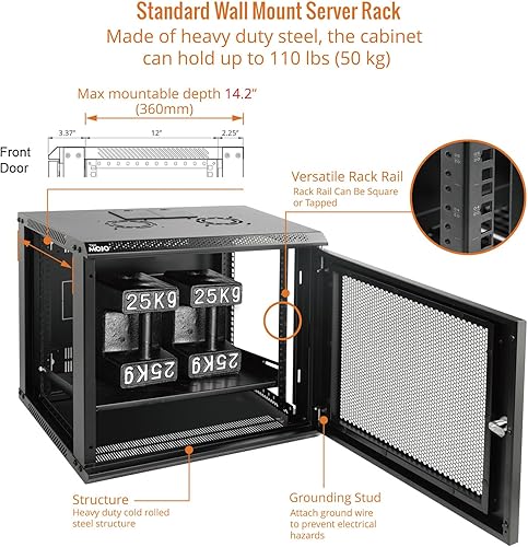 Miniatura 10 de Tecmojo Gabinete de servidor de montaje en pared 9U Gabinete de rack de red de TI con cerradura Puerta y paneles laterales con cerradura Negro,