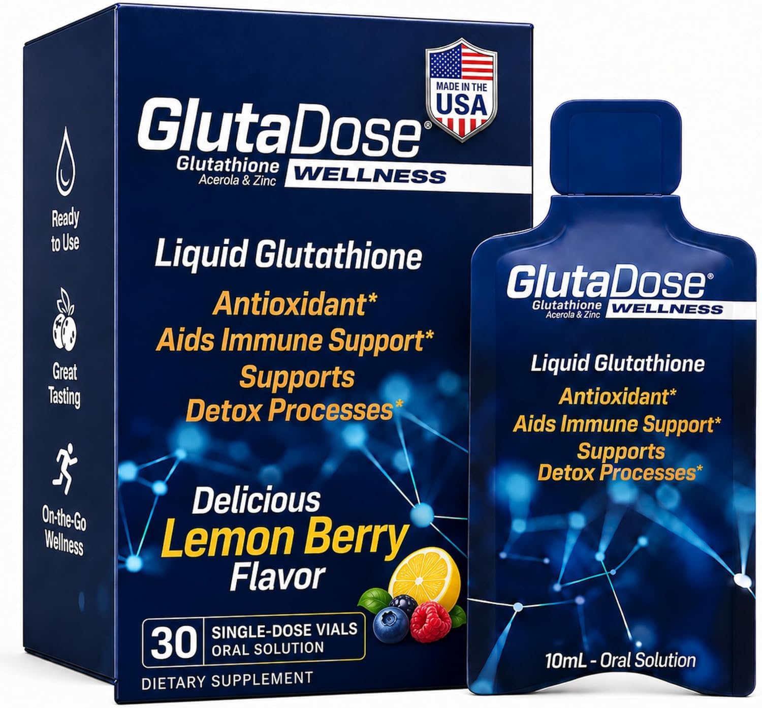 Συμπλήρωμα υγρής γλουταθειόνης, Lemon Berry Flavored Acerola Energy Booster w/Zinc, Daily Vitamins & Minerals, Zero Sugar Formation, Everyday Auto-Immune Support for Adults, 0,34 fl oz, Pack of 30