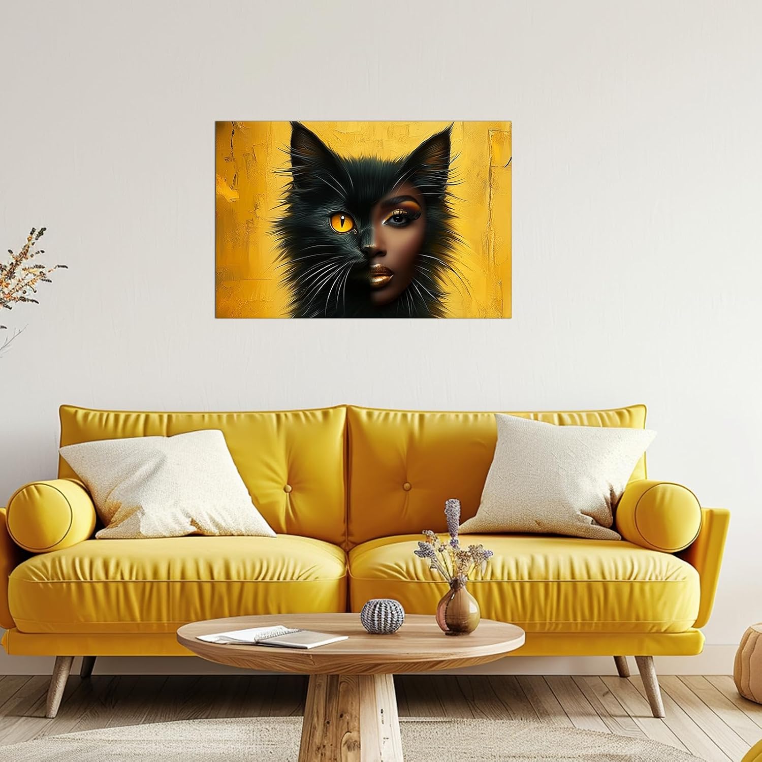 PLIDAAYO African American Wall Art Black Cat and Black Woman Canvas Print Black Girl Portrait Poster Painting Black and Gold Hand-Painted Picture for Bathroom Living Room Home Decor(Por-03,28"x42")
