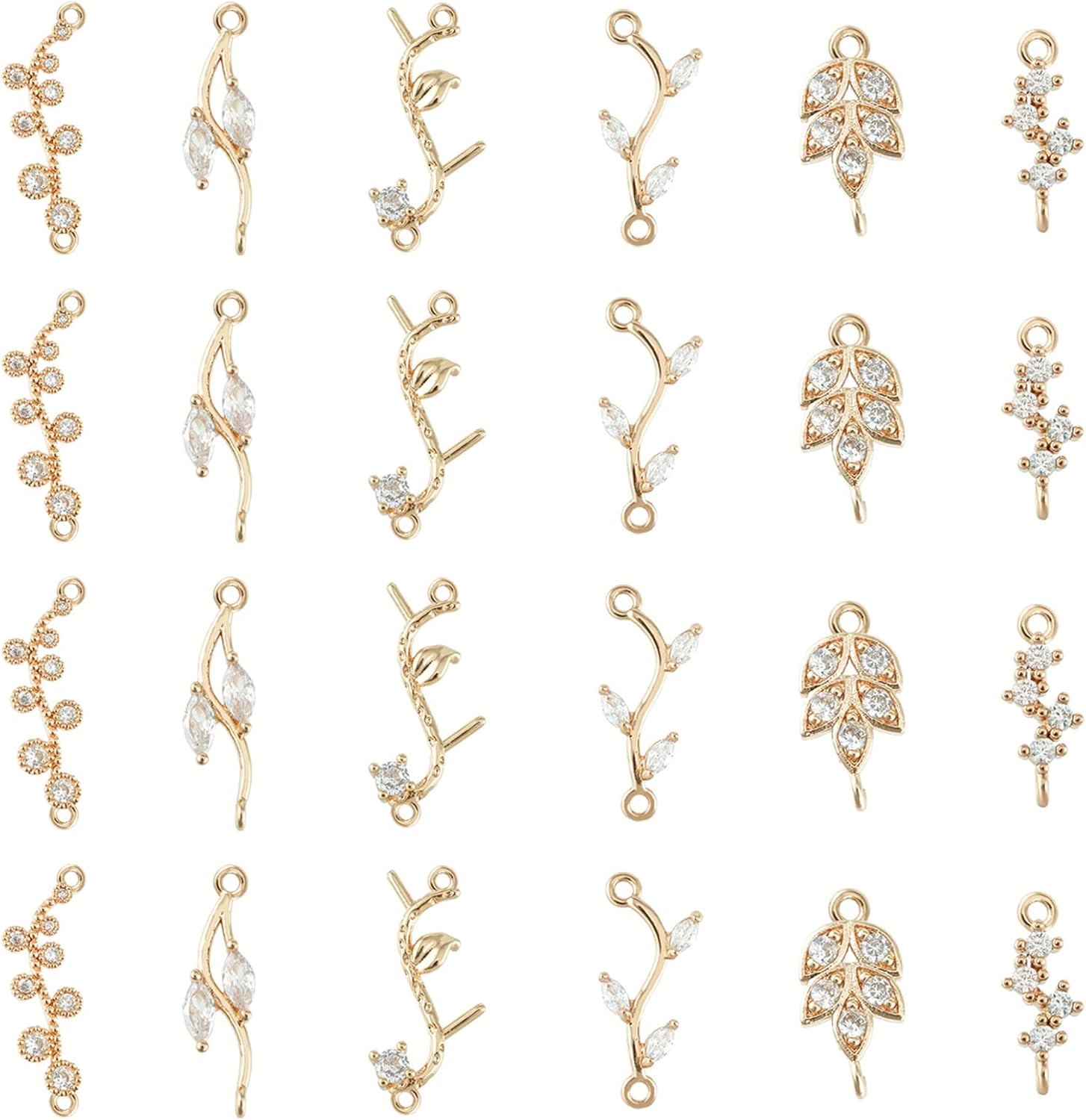 SUPERFINDINGS 24Pcs 6 Styles Cubic Zirconia Links Charms Crystal Leaf Branch Connector Charms Gold Plated Wheat Charms Rhinestone Leaves Pendant Connectors with Double Loops for Jewelry Making
