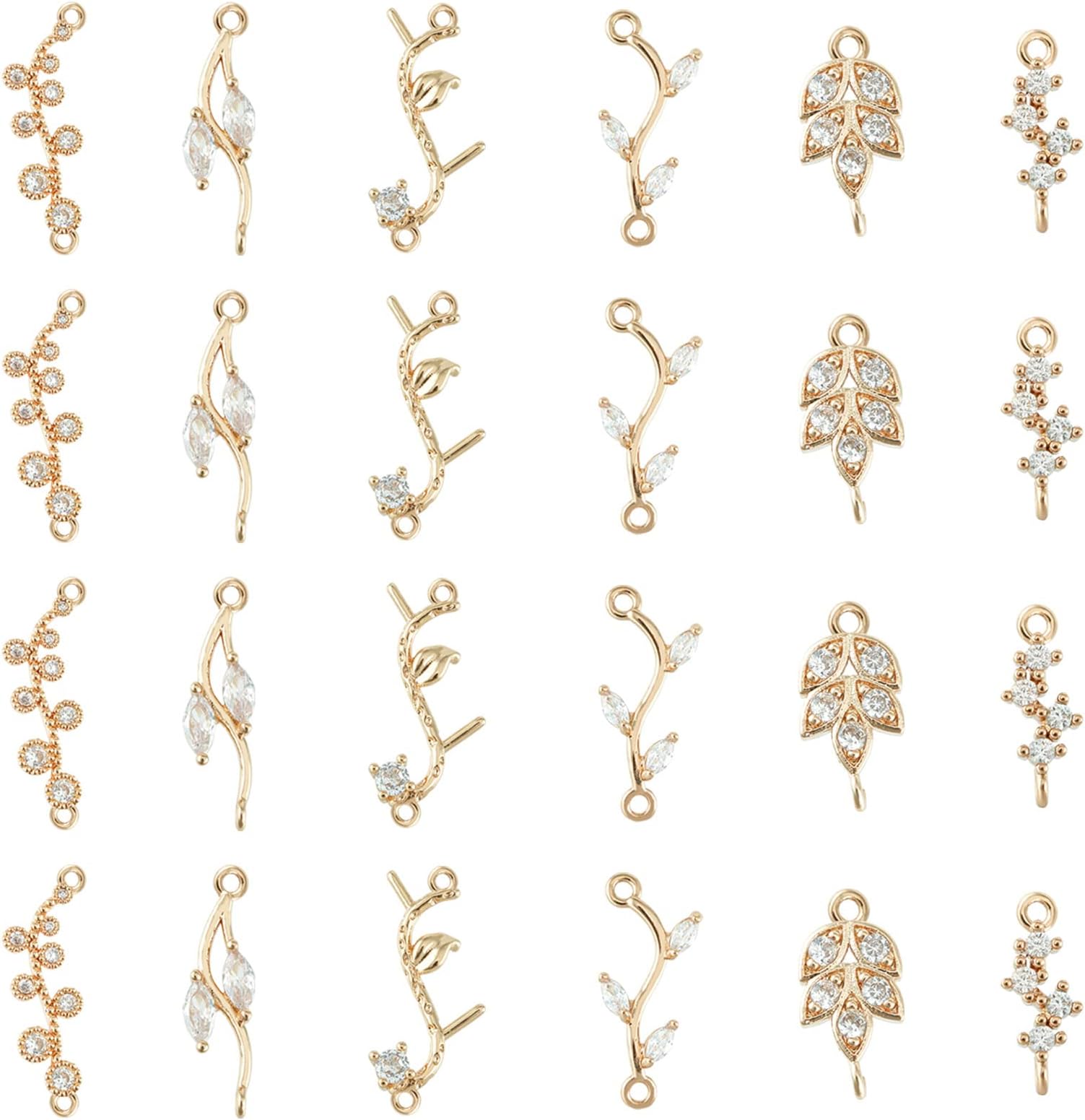 SUPERFINDINGS 24Pcs 6 Styles Cubic Zirconia Links Charms Crystal Leaf Branch Connector Charms Gold Plated Wheat Charms Rhinestone Leaves Pendant Connectors with Double Loops for Jewelry Making