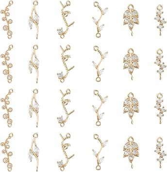 SUPERFINDINGS 24Pcs 6 Styles Cubic Zirconia Links Charms Crystal Leaf Branch Connector Charms Gold Plated Wheat Charms Rhinestone Leaves Pendant Connectors with Double Loops for Jewelry Making