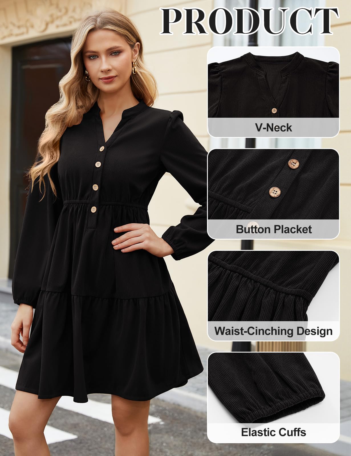 Robe Manche Longue Femme Robe Col V Chic et Elegant pour Automne Hiver