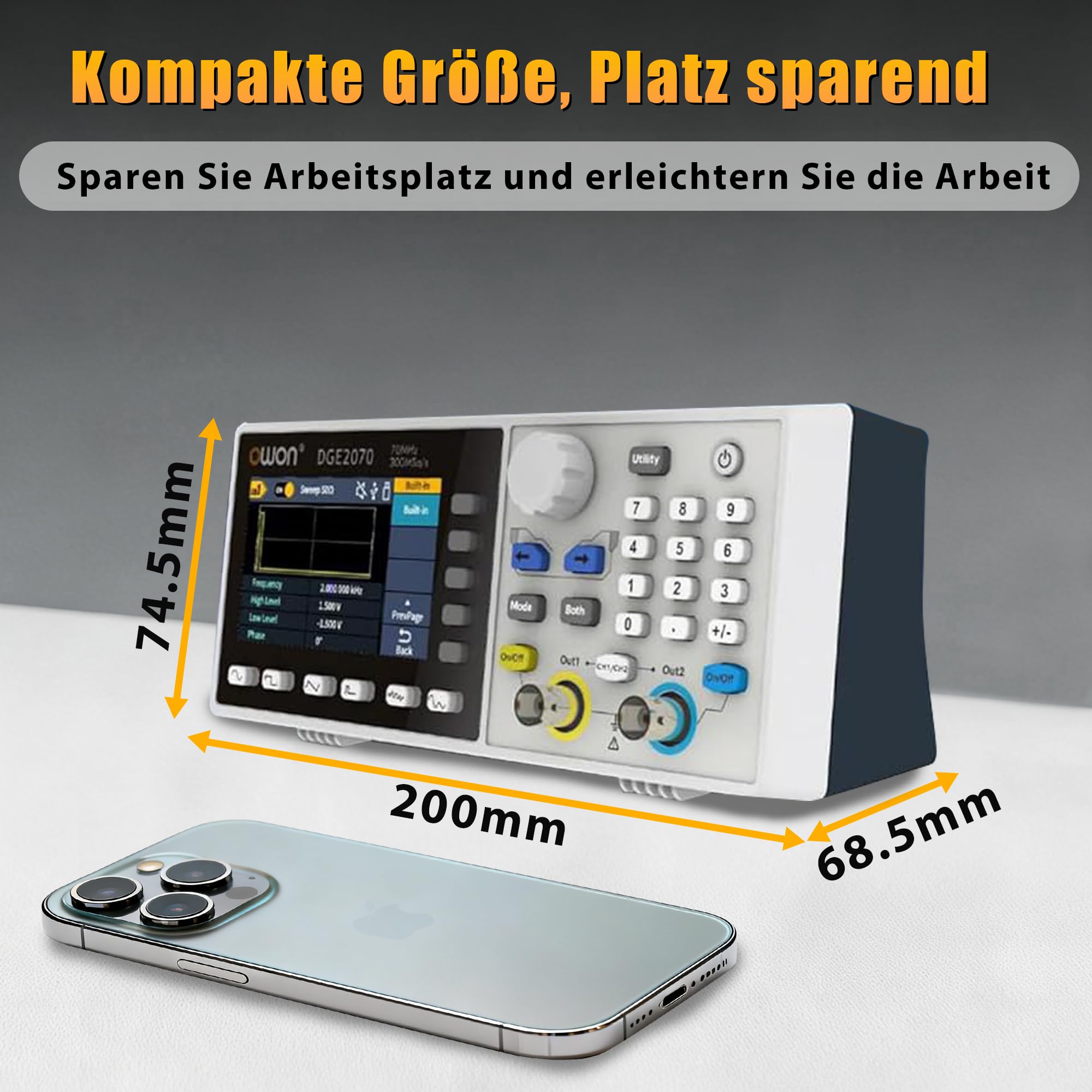 OWON DGE2070 2-Kanal-Funktionsgenerator für Mess-, Test- und Entwicklungsaufgaben, 70 MHz, 300 MSa/s, 14 Bit, SCPI und PC-Steuerung
