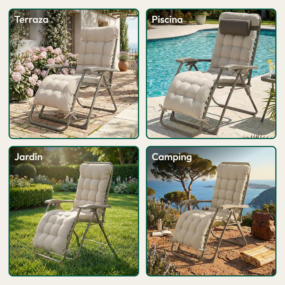CASABEL Sillon Relax Reclinable, 2 Sillas con Cojin Plegables para jardín, Terraza Exterior o Camping, Silla Plegable Camping con Armazon de Acero y Tejido Textilene Resistente, Color Topo