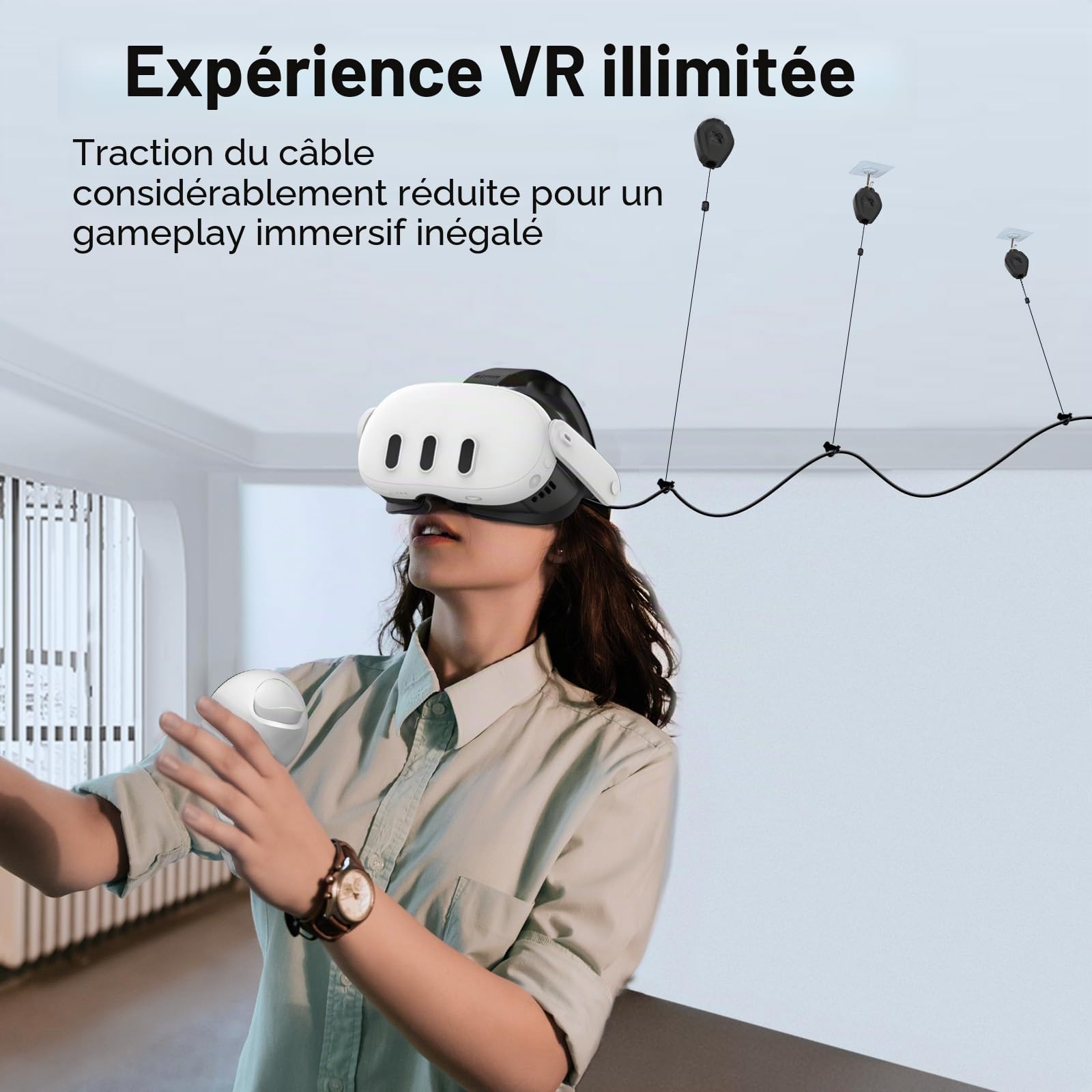 AMVR VR, système de poulie de Plafond rétractable pour Quest 3S/3/2/1/PSVR/PSVR 2/Rift/Rift S/Valve Index/HTC Vive/Vive Pro/HP Reverb G2 Link Cable (Noir)
