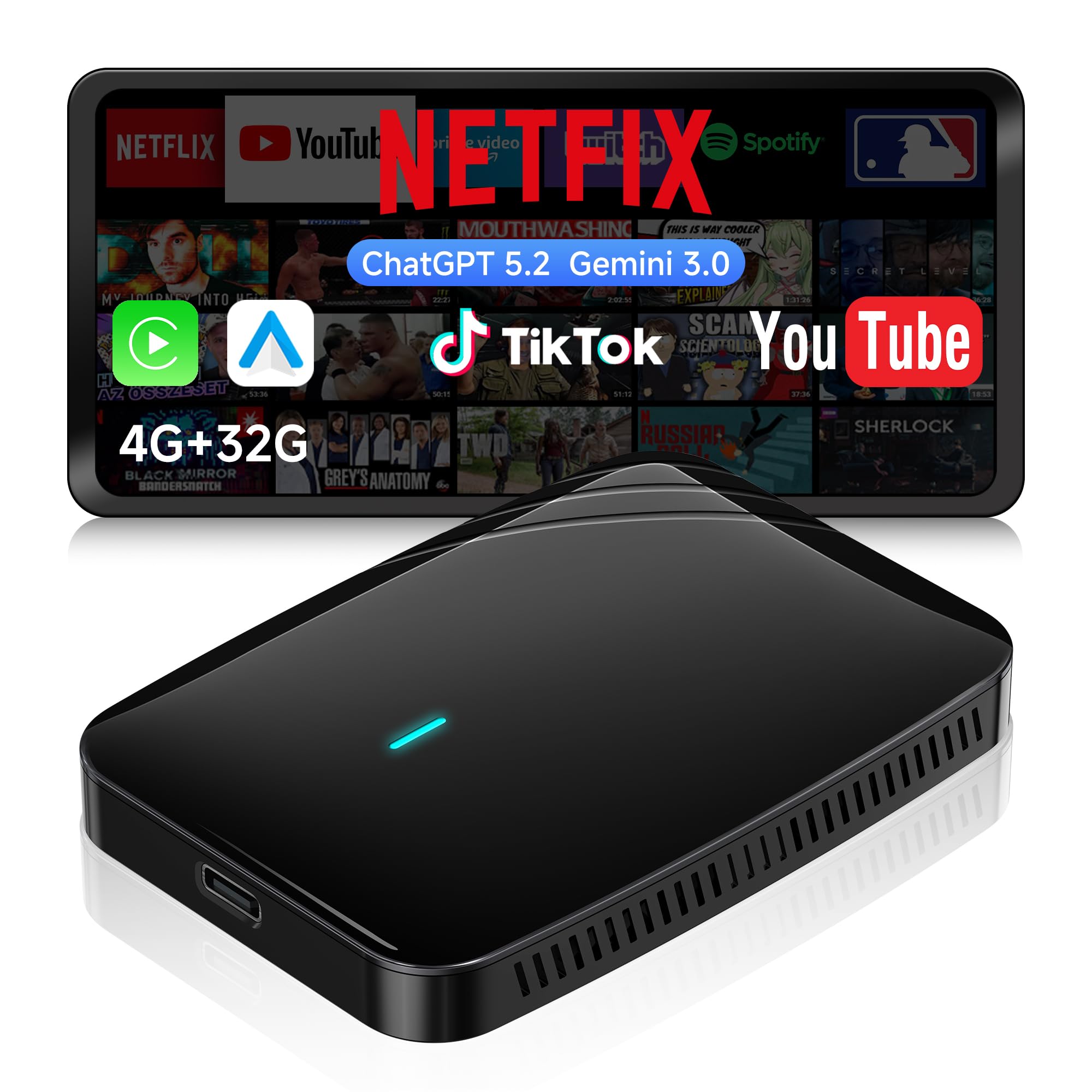 AI Box CarPlay/Android Auto Wireless Adapter, 4G+32G, Performance-Upgrade für Autos mit Kabel-CarPlay für Netflix/YouTube/TikTok, DriveChat AI, Dual-WiFi, IoT-Hub & Y-Kabel, CB4B