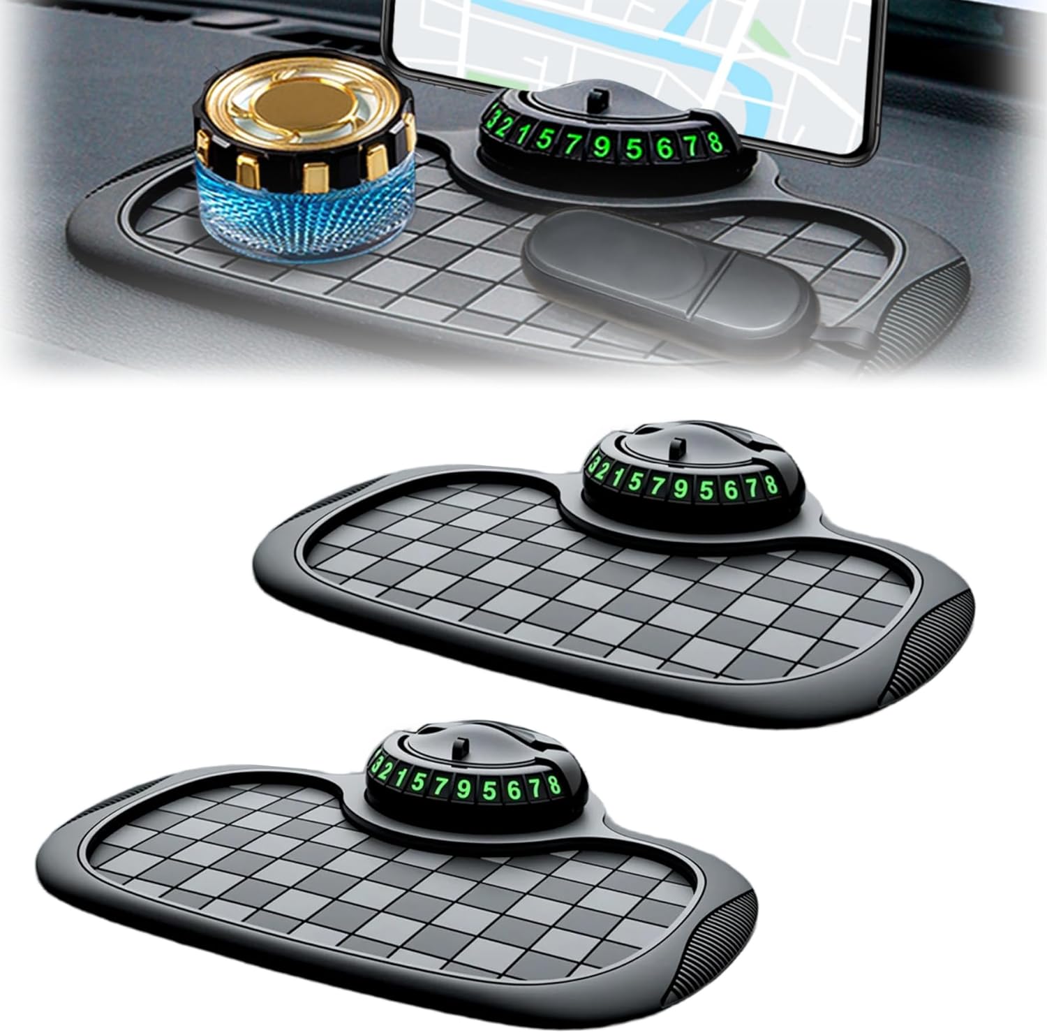 Multifunction Car Anti Slip Mat, 360° Rotatable Phone Holder Dashboard Pad with Temporary Parking Number Rotatable Car Anti Slip Mat Phone Holder (Black-2PCS)