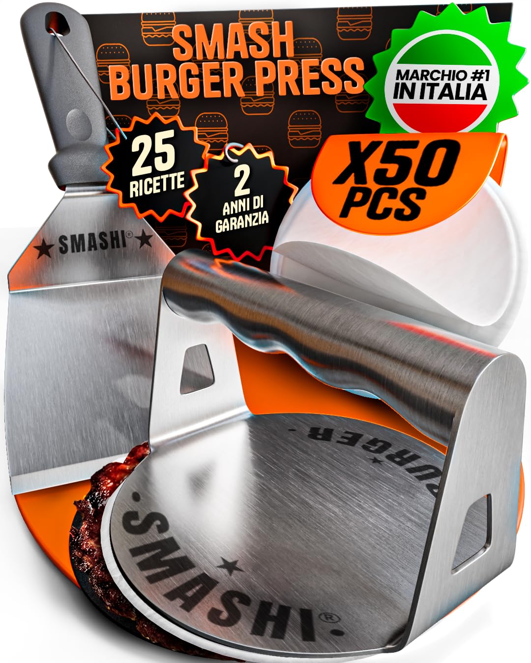 SMASHI® Kit Smash Burger Professionale – Pressa Hamburger in Acciaio Inox 304 Certificato EU | Espátola, Pressa, 50 Fogli Antiaderenti | Il Kit Autentico per Smash Burger
