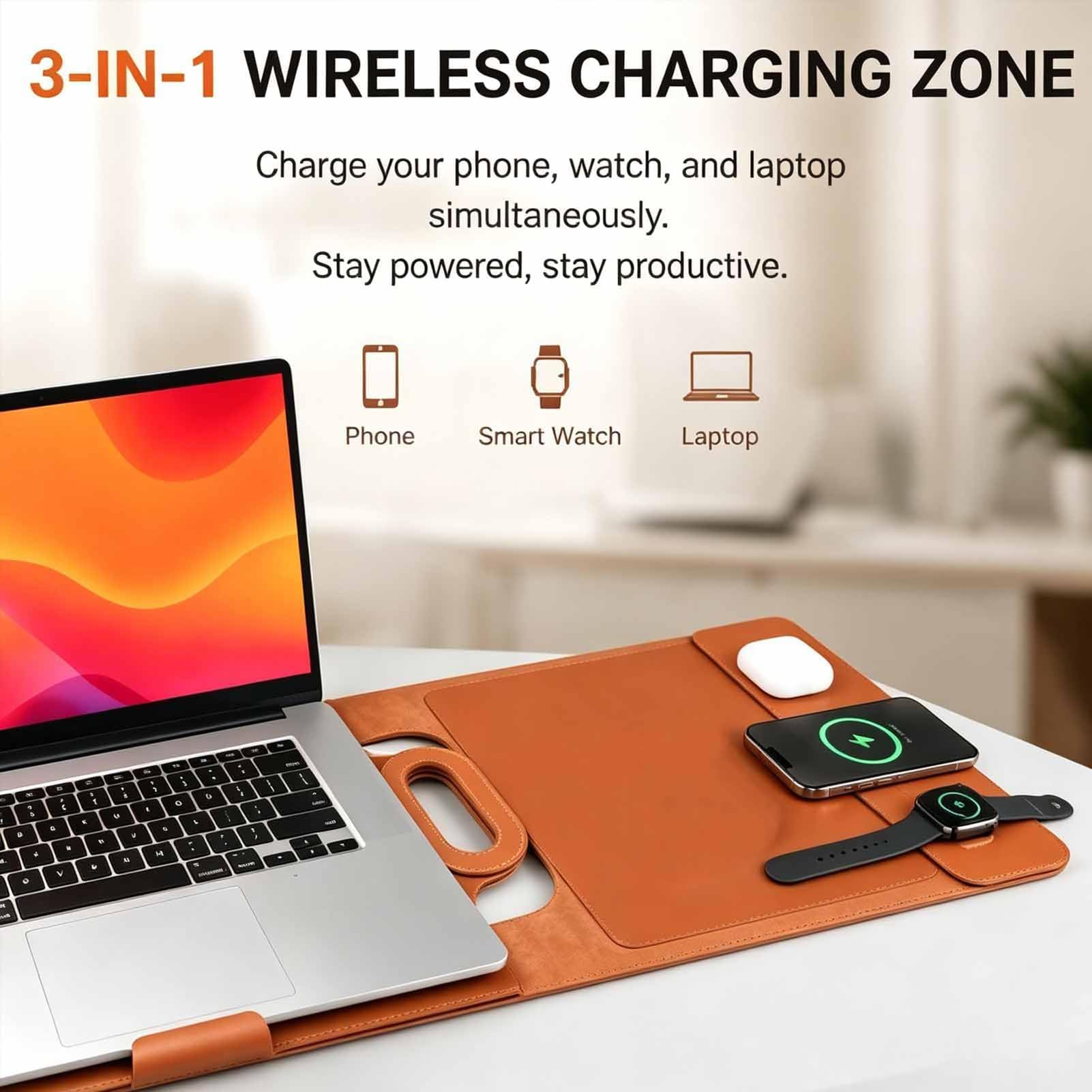 Borsa Portafoglio Pc Con Ricarica Wireless 15W Custodia Per Computer | Custodia Supporto E Tappetino Mouse Per Notebook 15,6 16 Pollici, Stazione Per Smart Working, Per Uffici Studi Viaggi