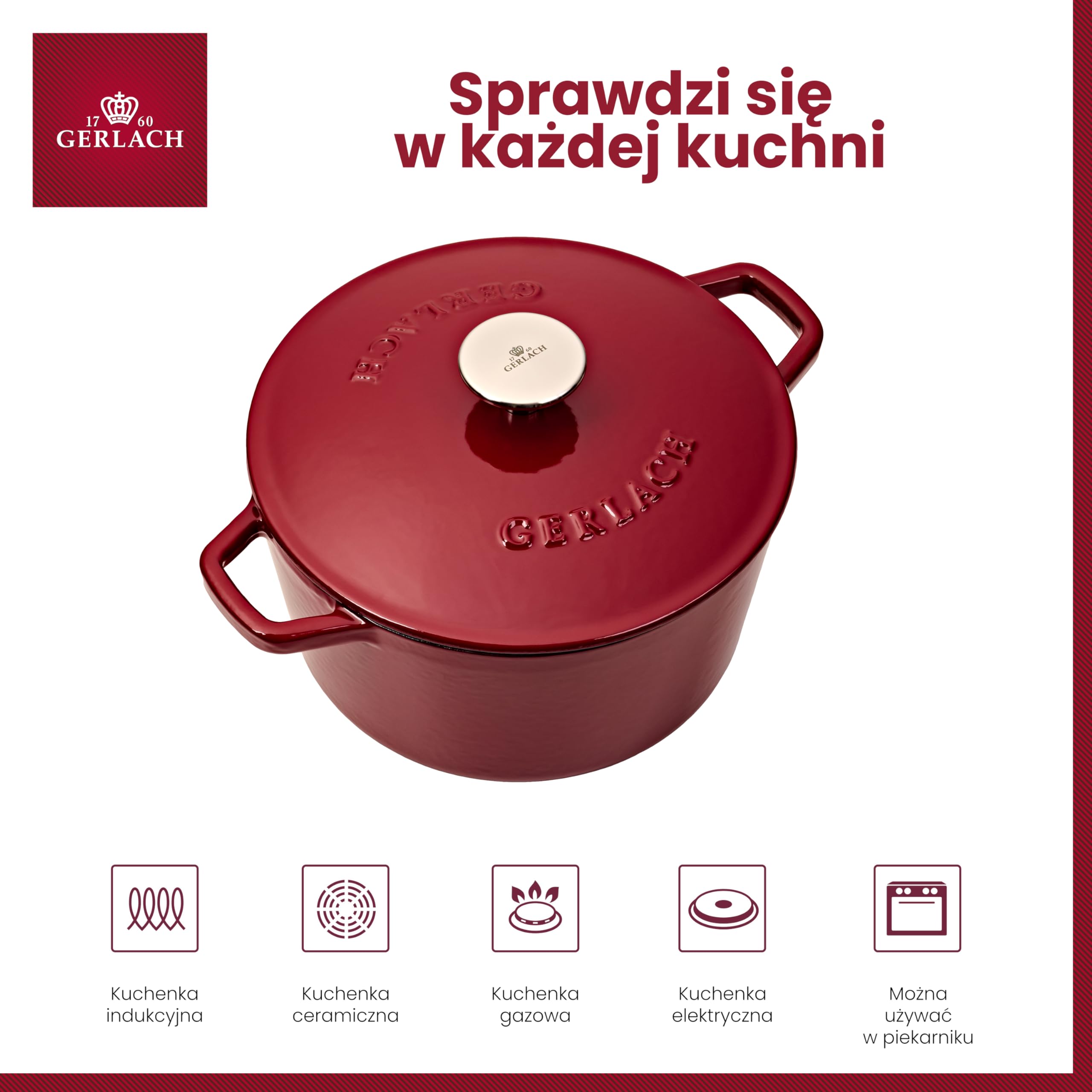 Gerlach 1760 Żeliwny Garnek Do Pieczenia Garnek Do Gotowania Smażenia Emaliowany Z Pokrywką 3 l Bordowy Natur Iron