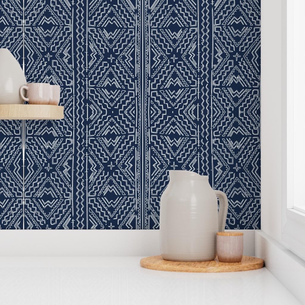 Removable Wallpaper Swatch - African Mud Cloth Mudcloth Tribal White Blue Indigo Navy Custom Pre-Pasted Wallpaper by Spoonflower